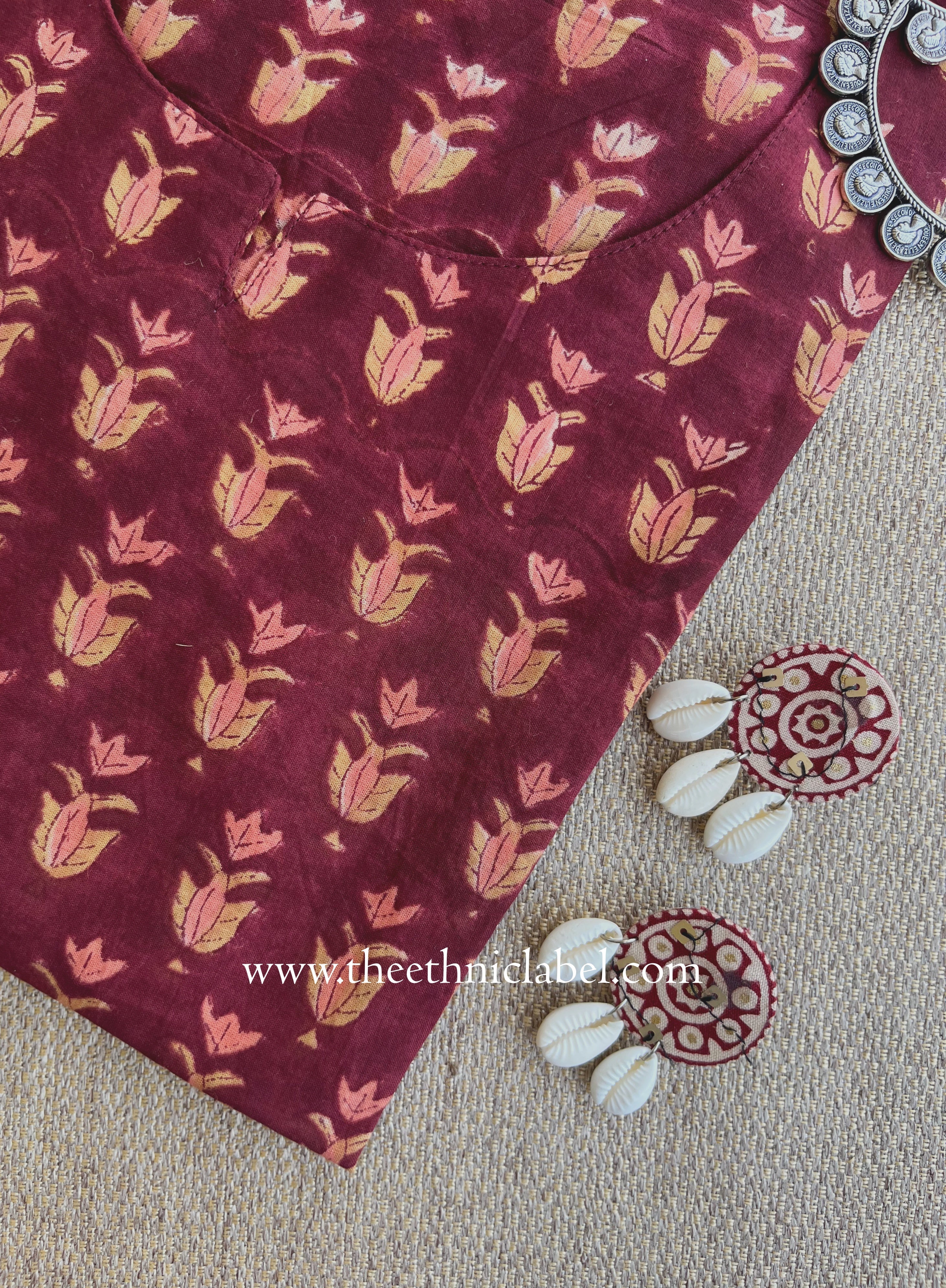 "Raunak" Hand Block Printed Maroon Cotton kurta