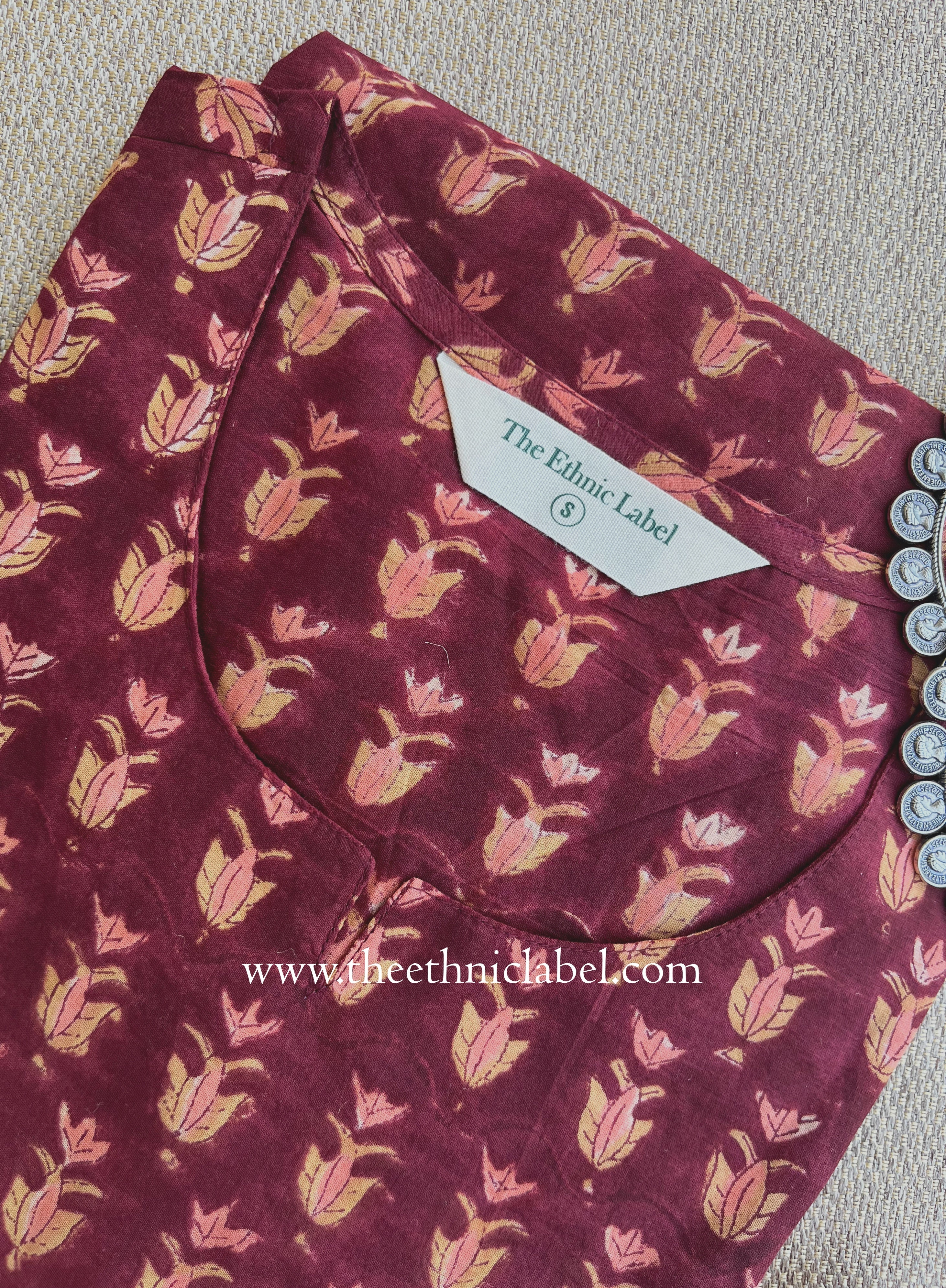 "Raunak" Hand Block Printed Maroon Cotton kurta