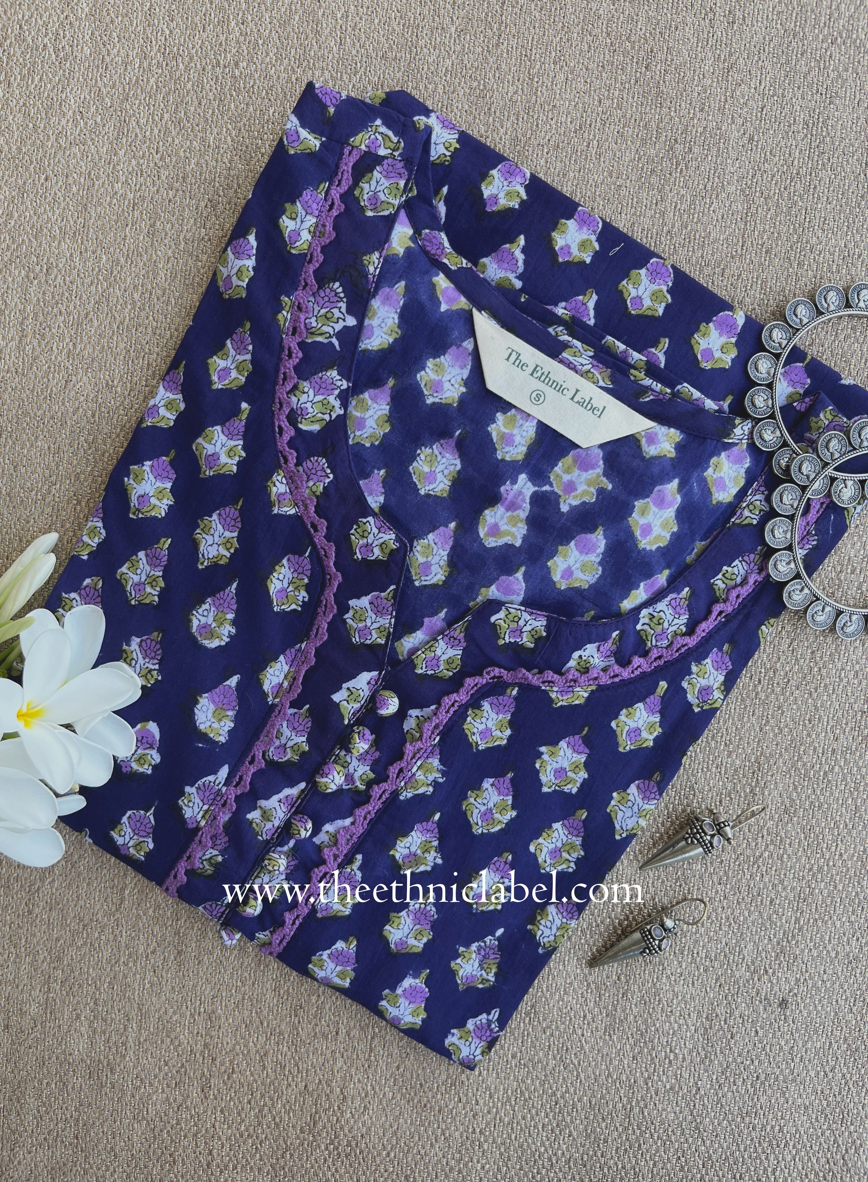 "Mehira" Hand Block Printed Purple Cotton kurta