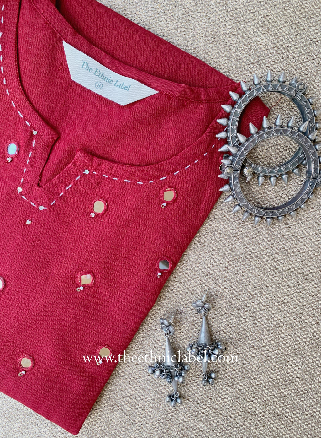 "Mumtaz" Maroon Mirror Work Cotton kurta