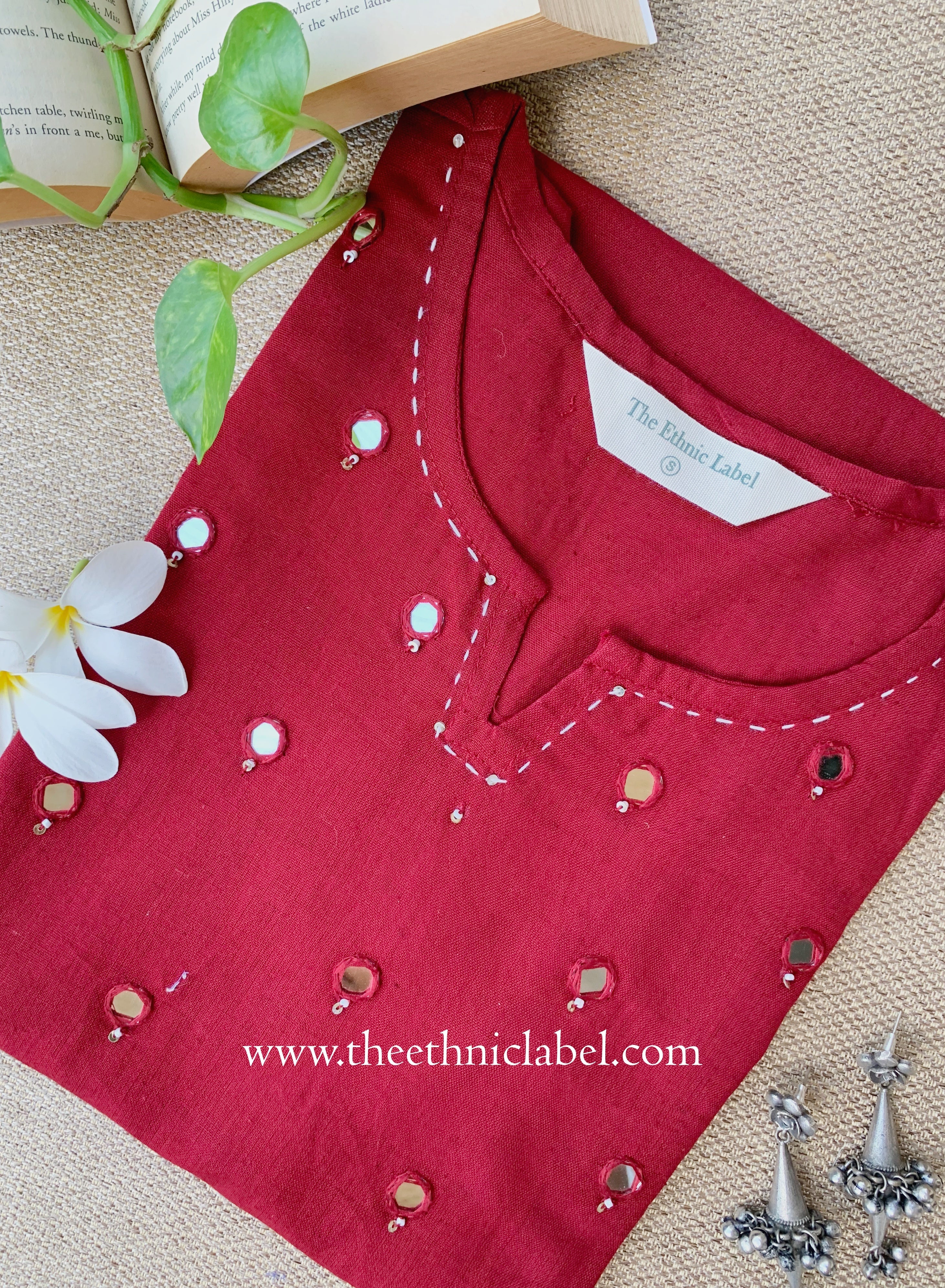 "Mumtaz" Maroon Mirror Work Cotton kurta