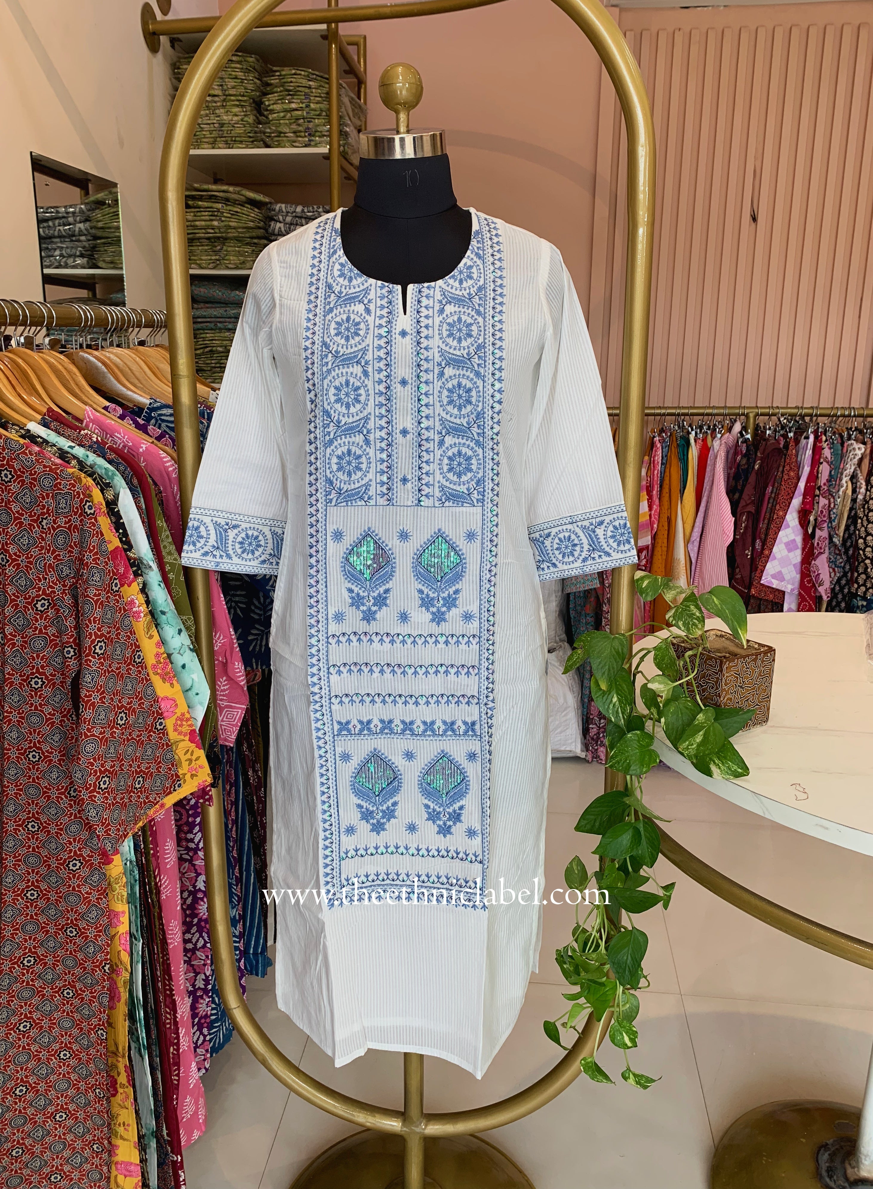 "Sutrika" Blue Embroidered Cotton kurta