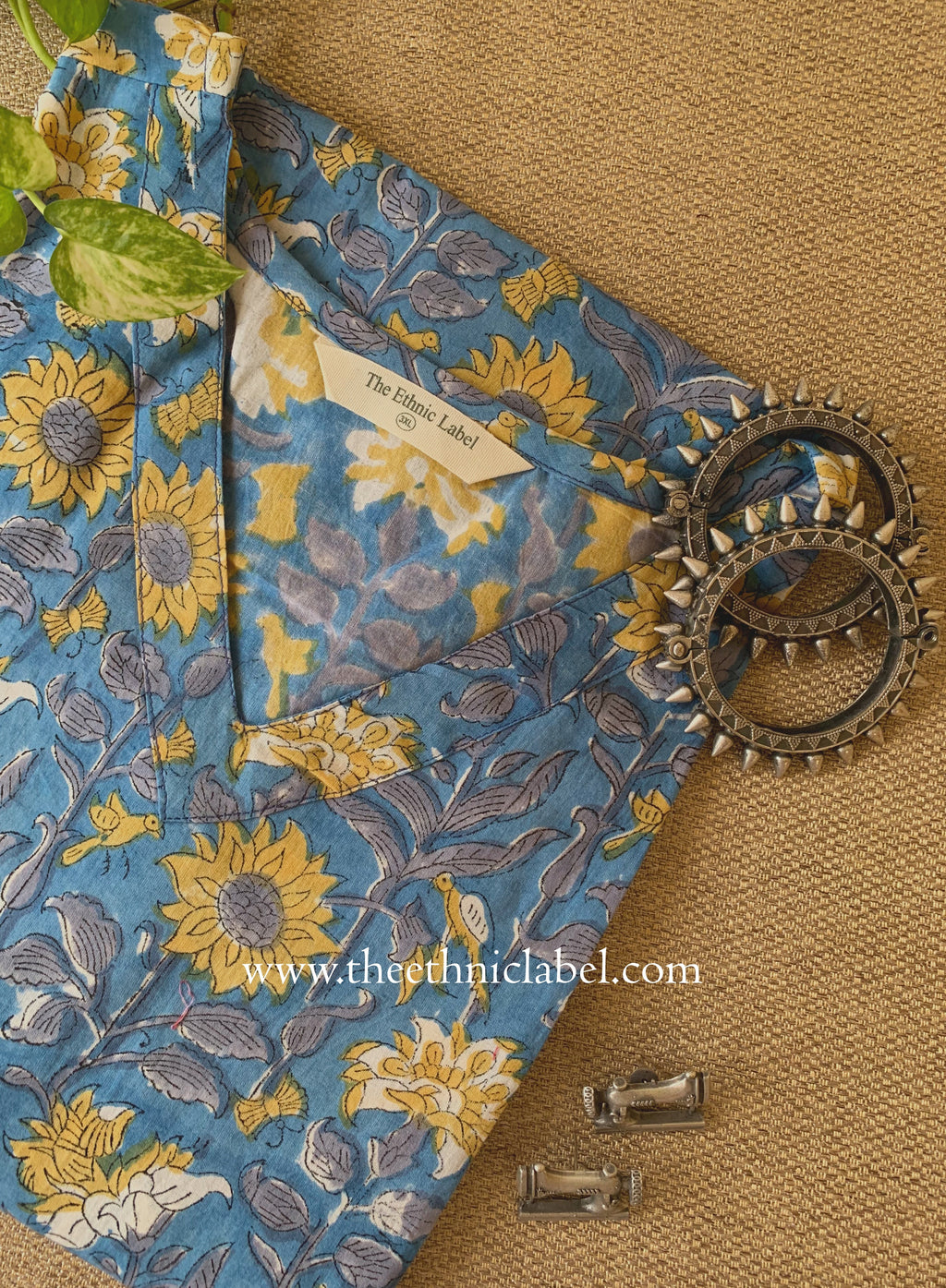"Rupama" Blue Block Printed Cotton kurta - Big Size