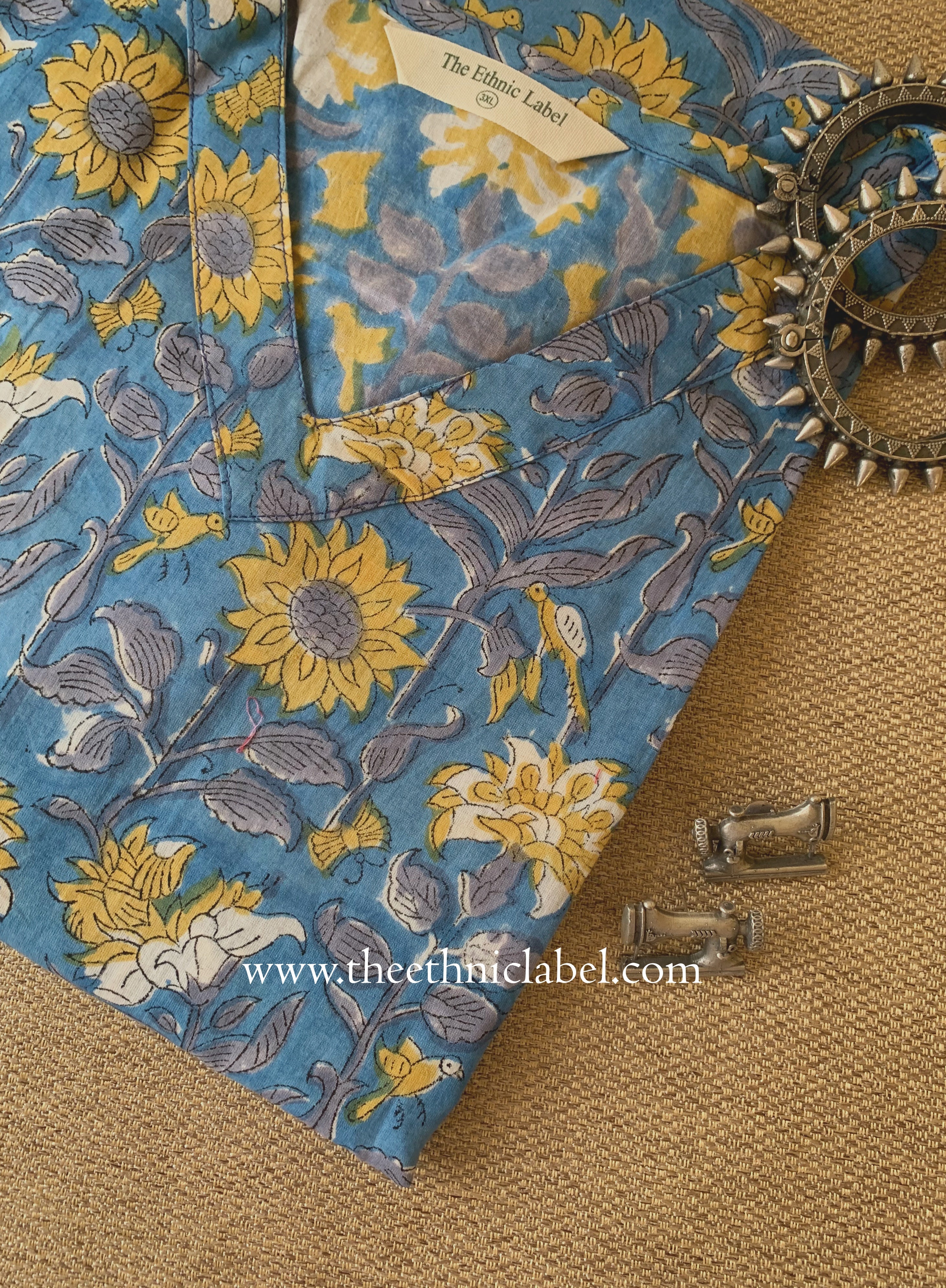 "Rupama" Blue Block Printed Cotton kurta - Big Size
