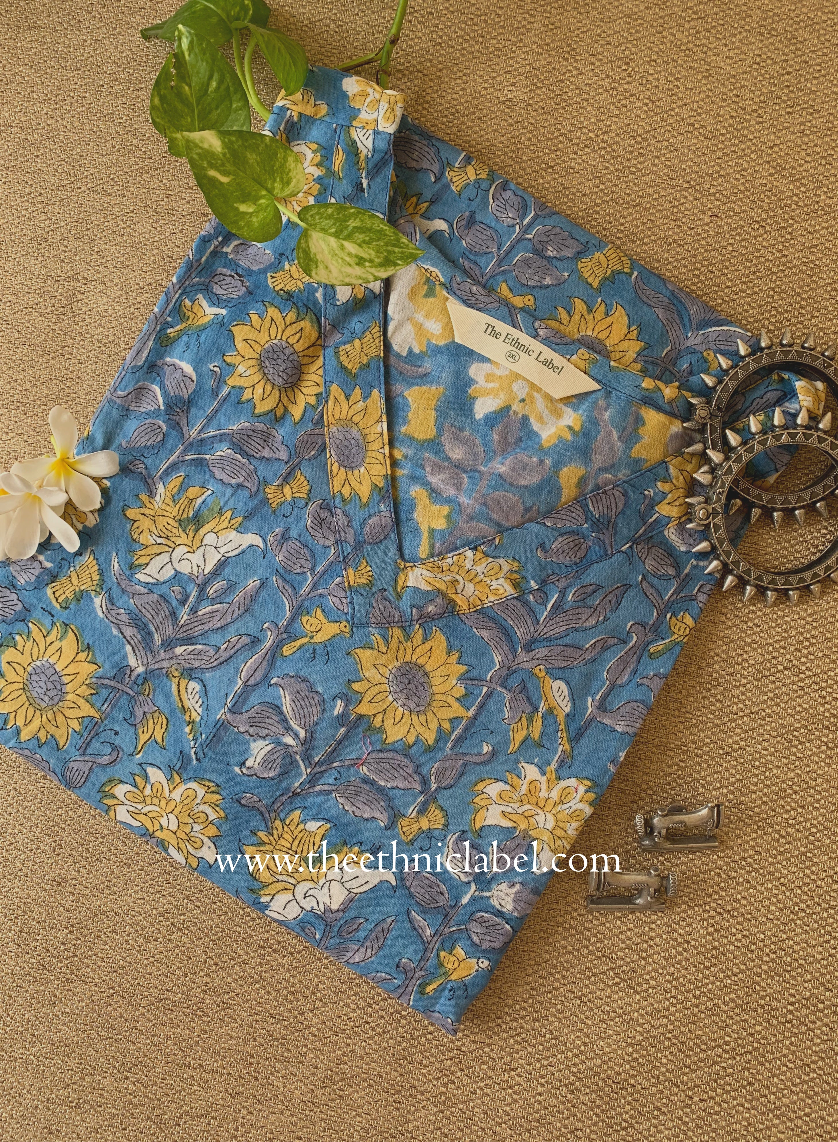 "Rupama" Blue Block Printed Cotton kurta - Big Size