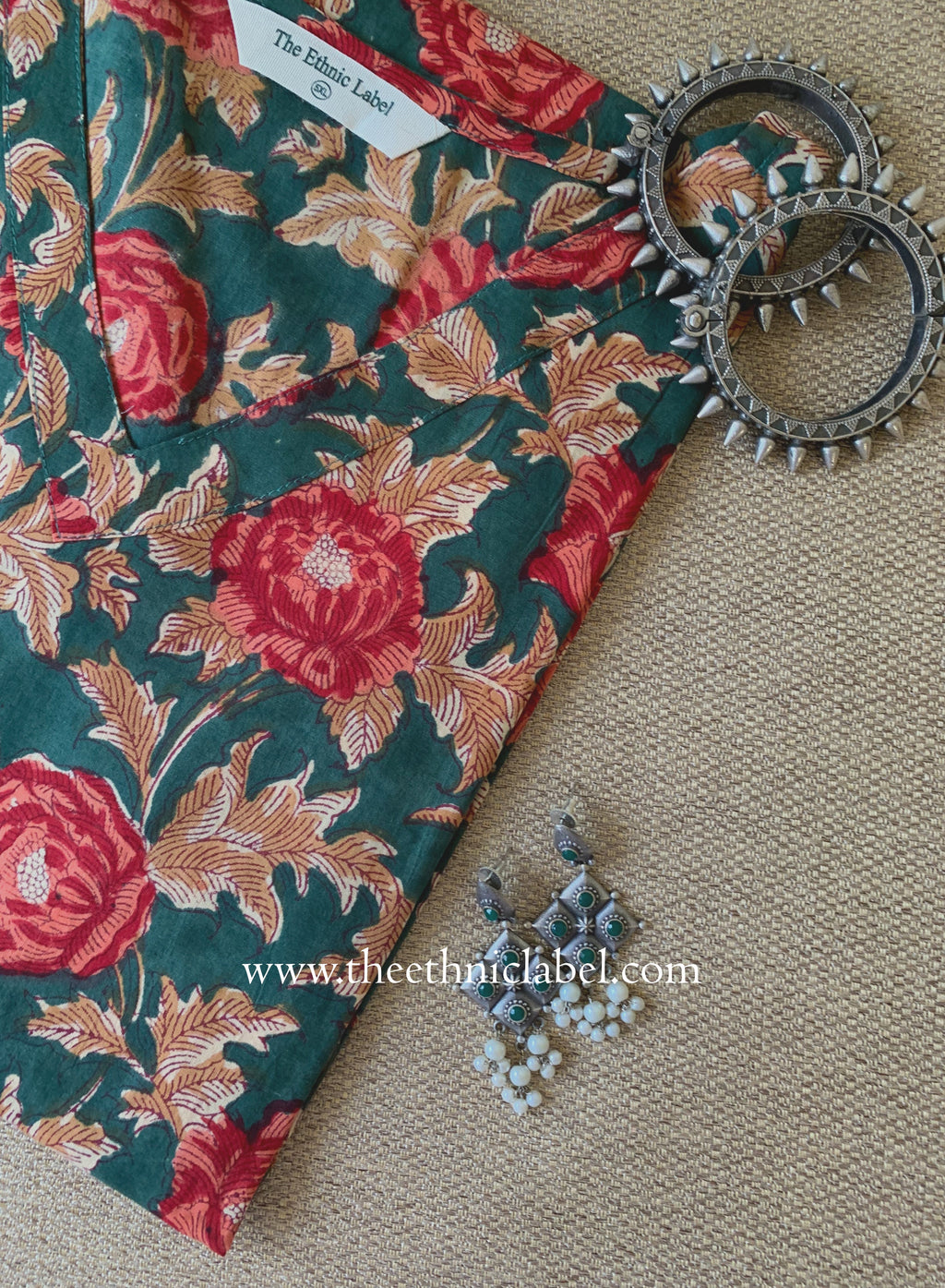 "Basant" Green Block Printed Cotton kurta - Big Size
