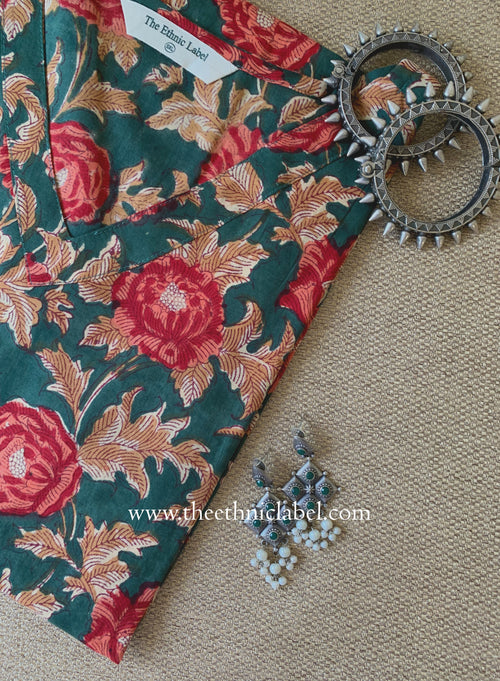 "Basant" Green Block Printed Cotton kurta - Big Size