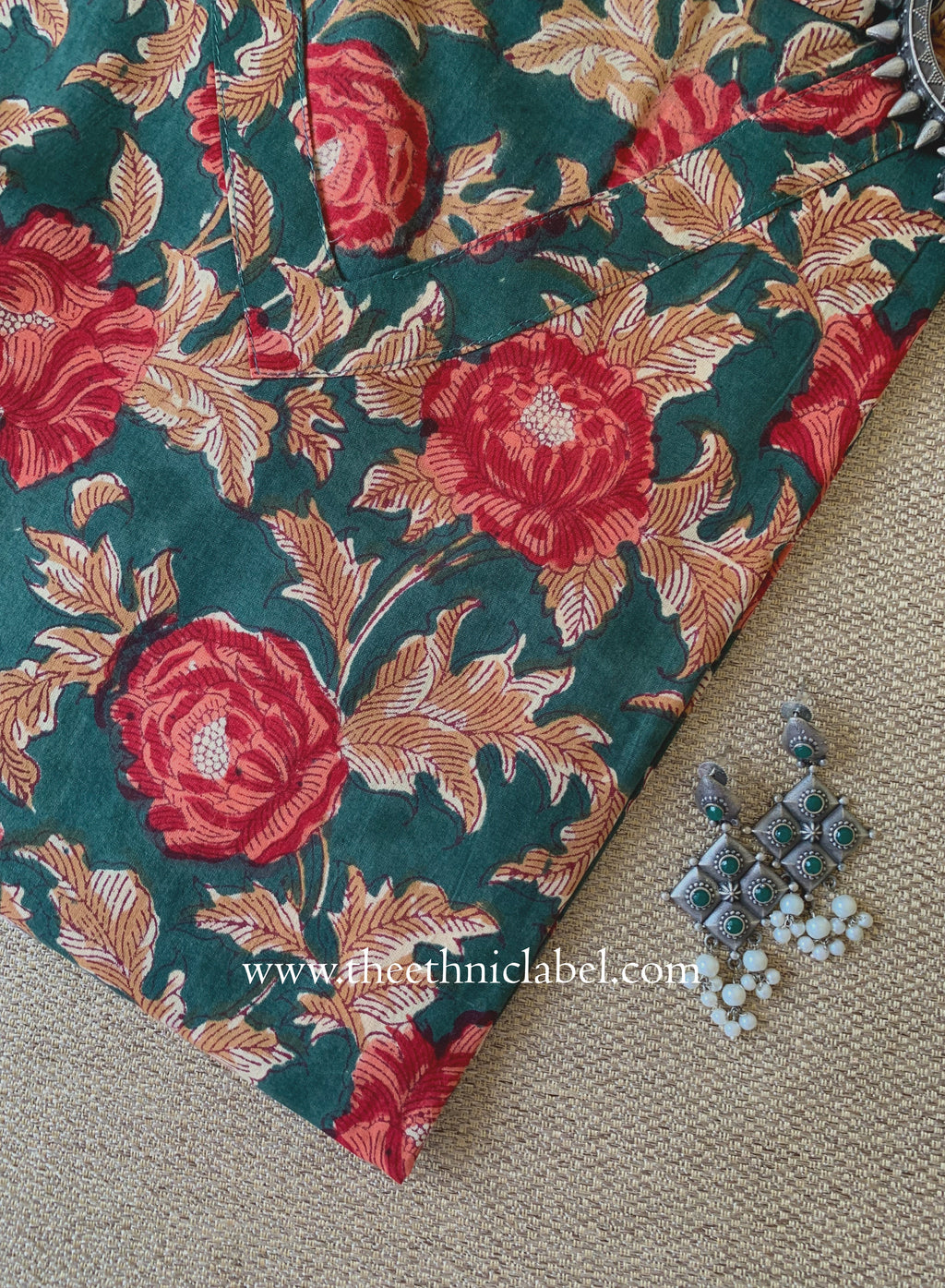 "Basant" Green Block Printed Cotton kurta - Big Size