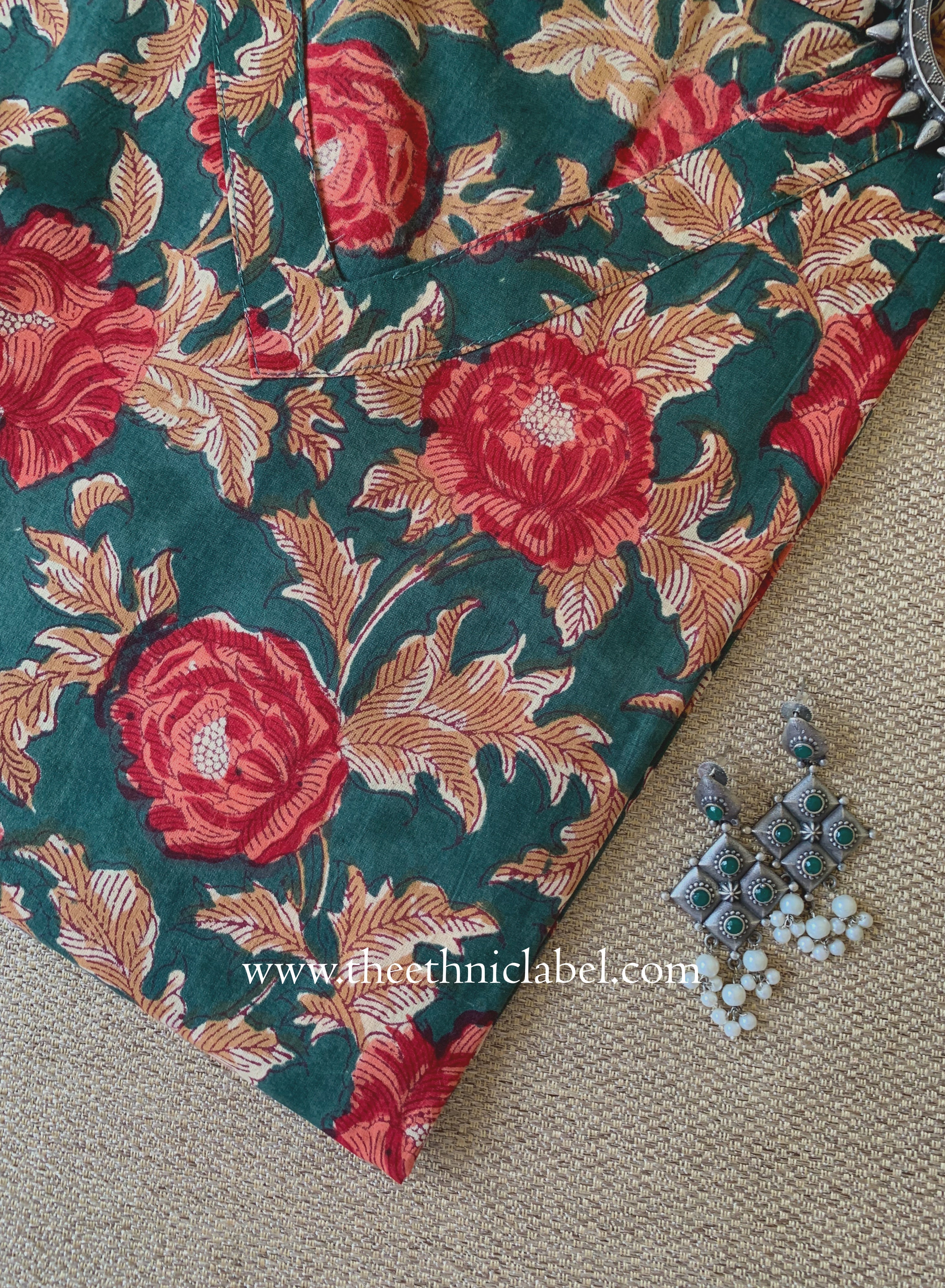 "Basant" Green Block Printed Cotton kurta - Big Size