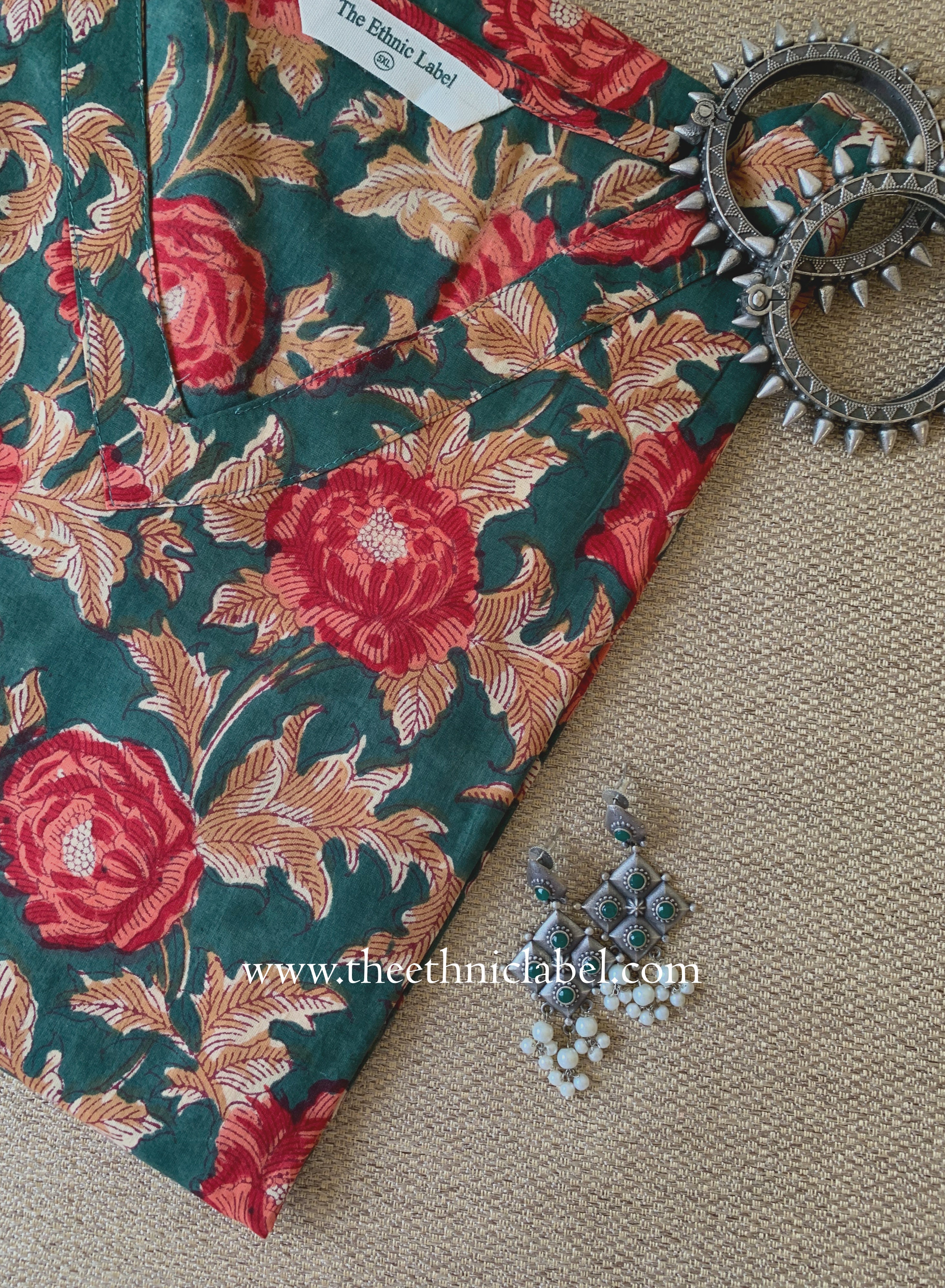"Basant" Green Block Printed Cotton kurta - Big Size