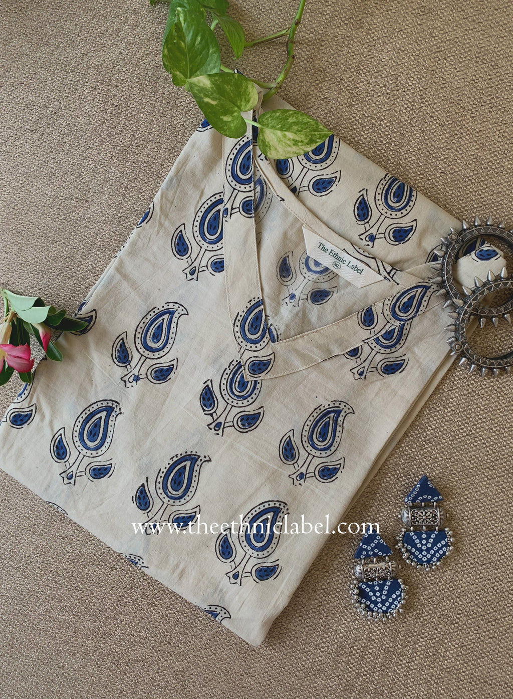 "Sona" Beige Block Printed Cotton kurta - Big Size