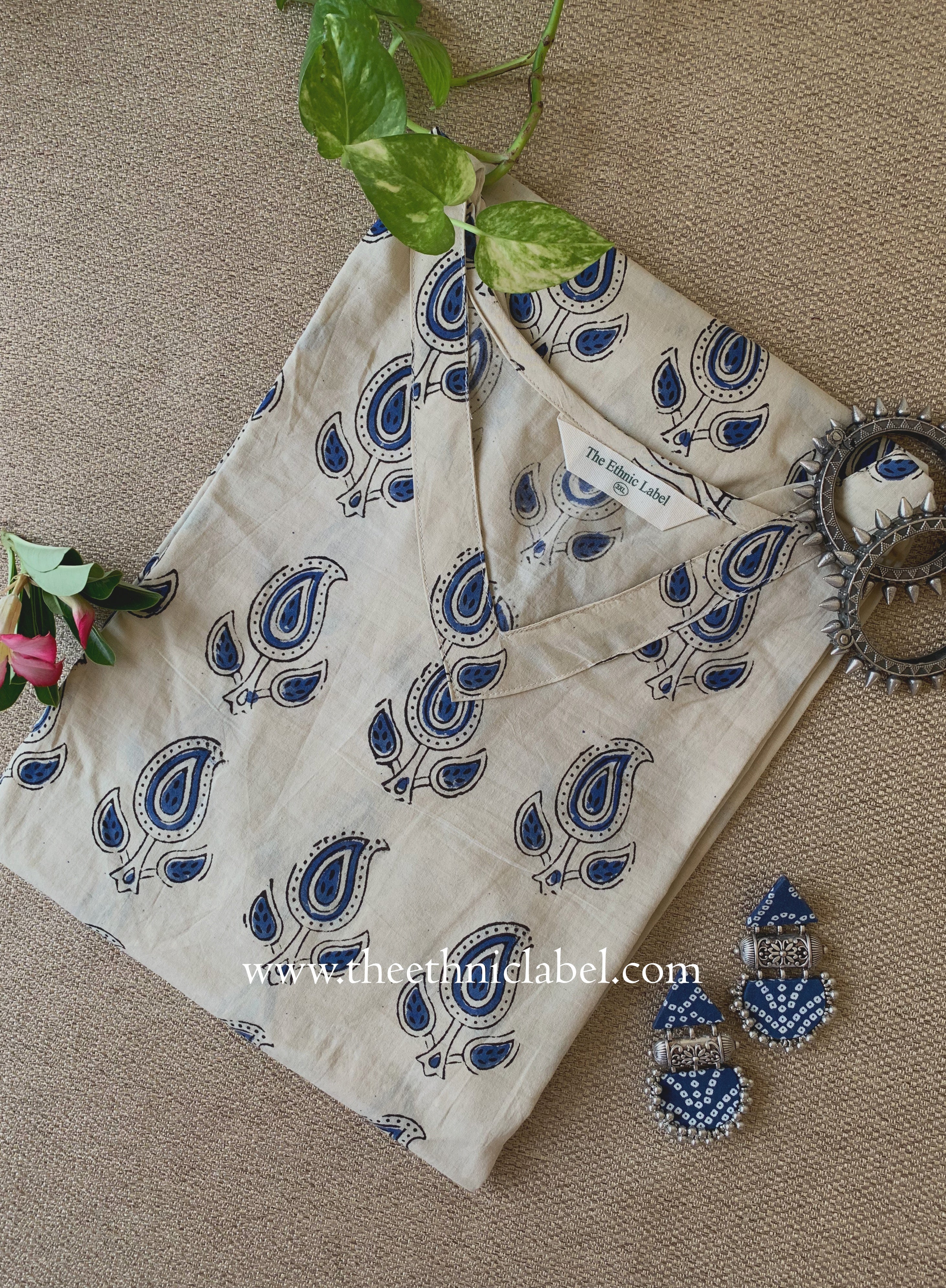 "Sona" Beige Block Printed Cotton kurta - Big Size