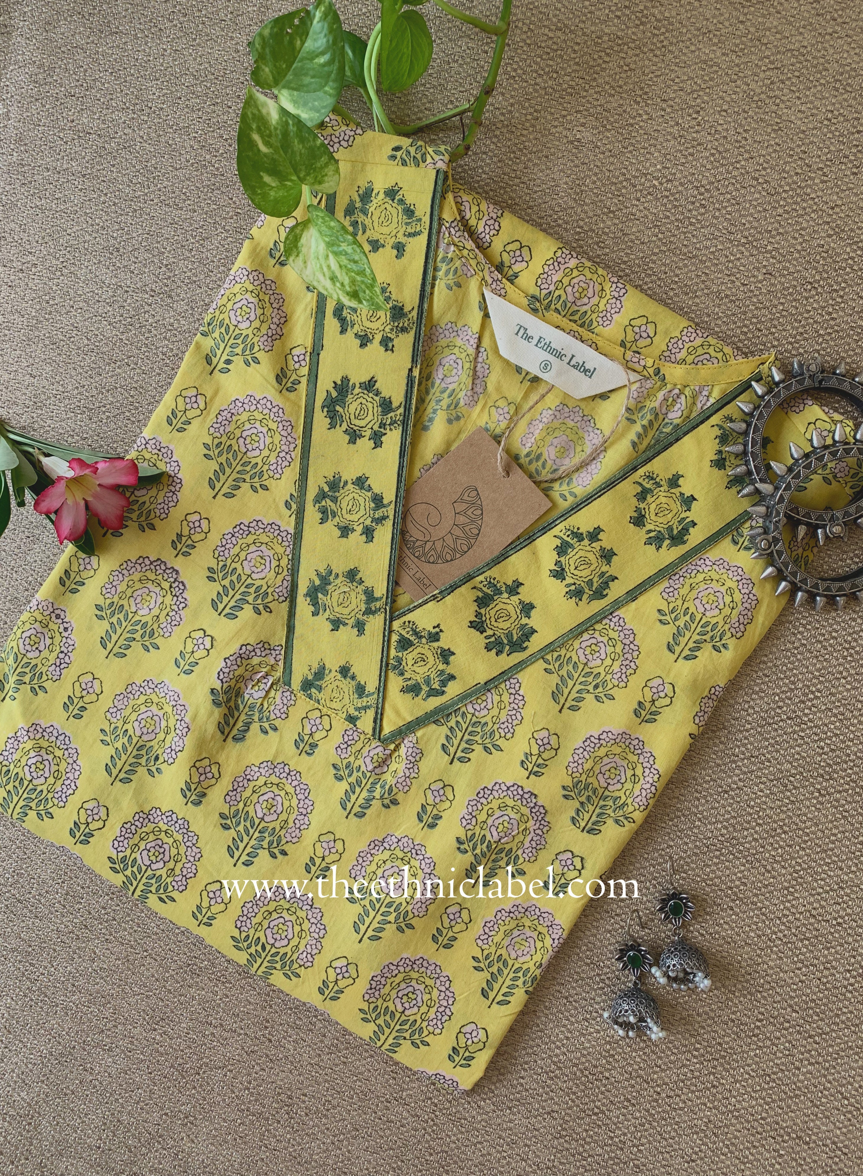 "Chinar" Hand Block Printed Yellow Cotton kurta