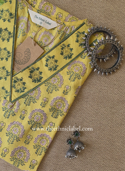 "Chinar" Hand Block Printed Yellow Cotton kurta