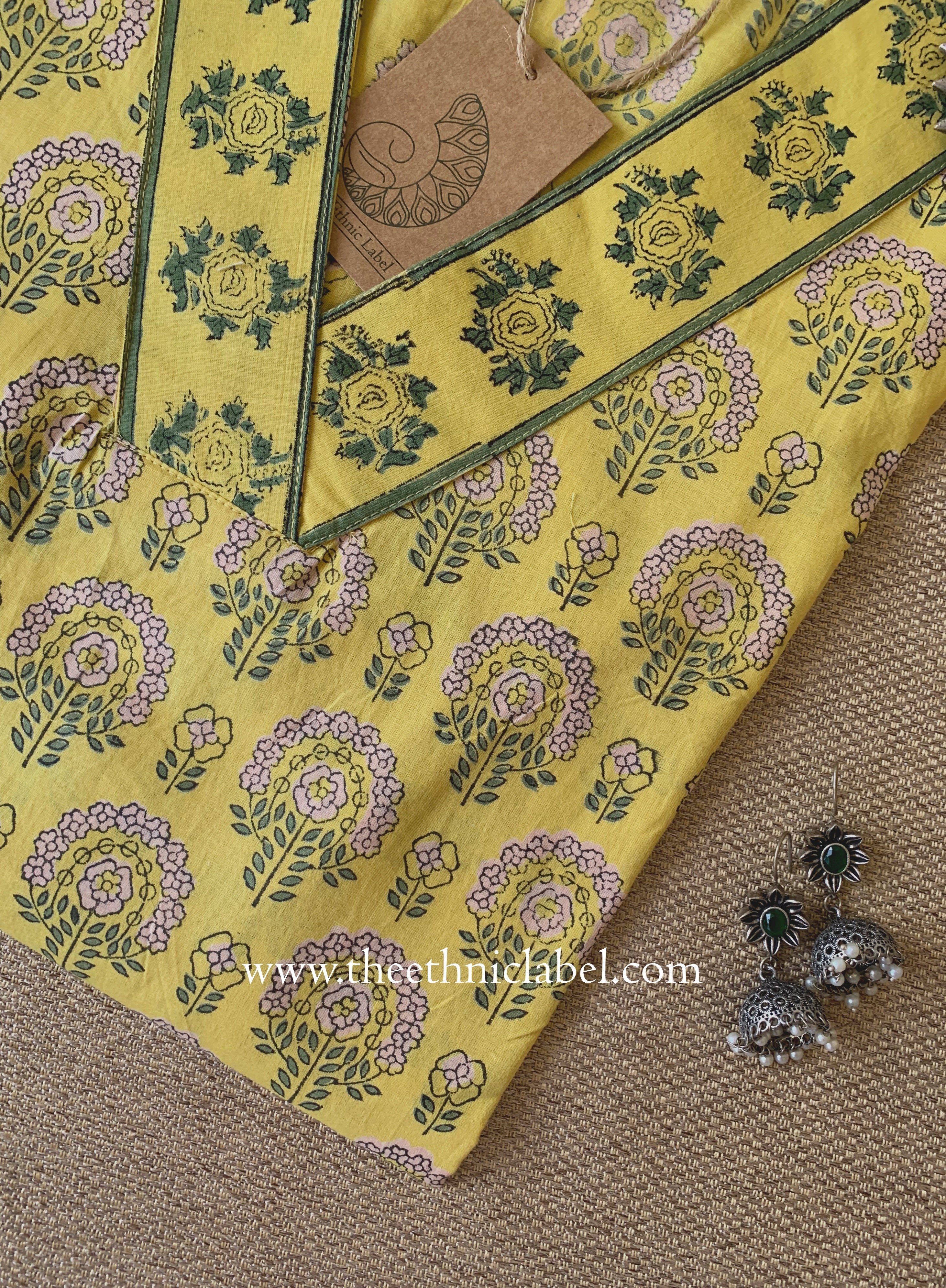 "Chinar" Hand Block Printed Yellow Cotton kurta
