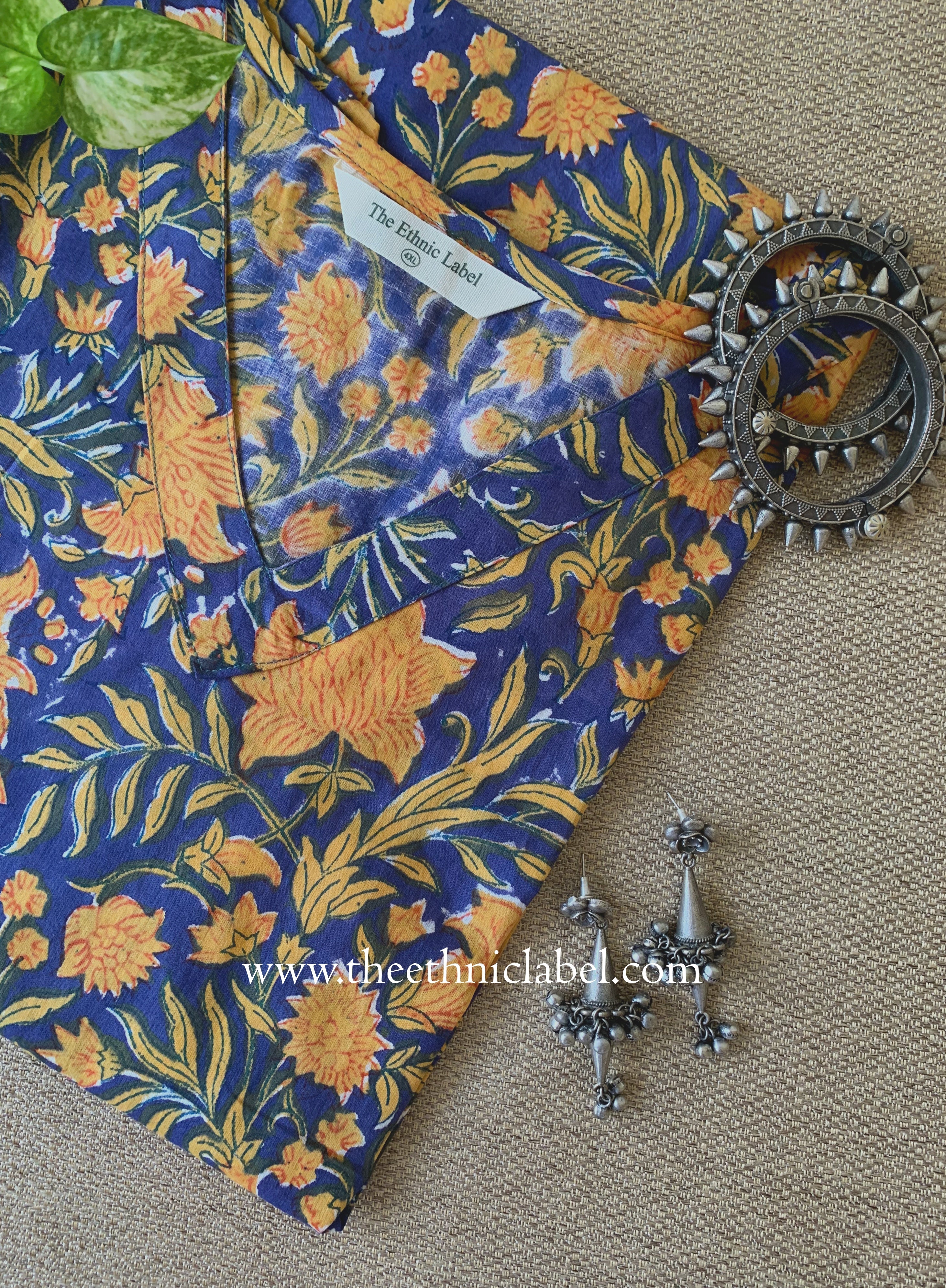 "Seema" Blue Block Printed Cotton kurta - Big Size