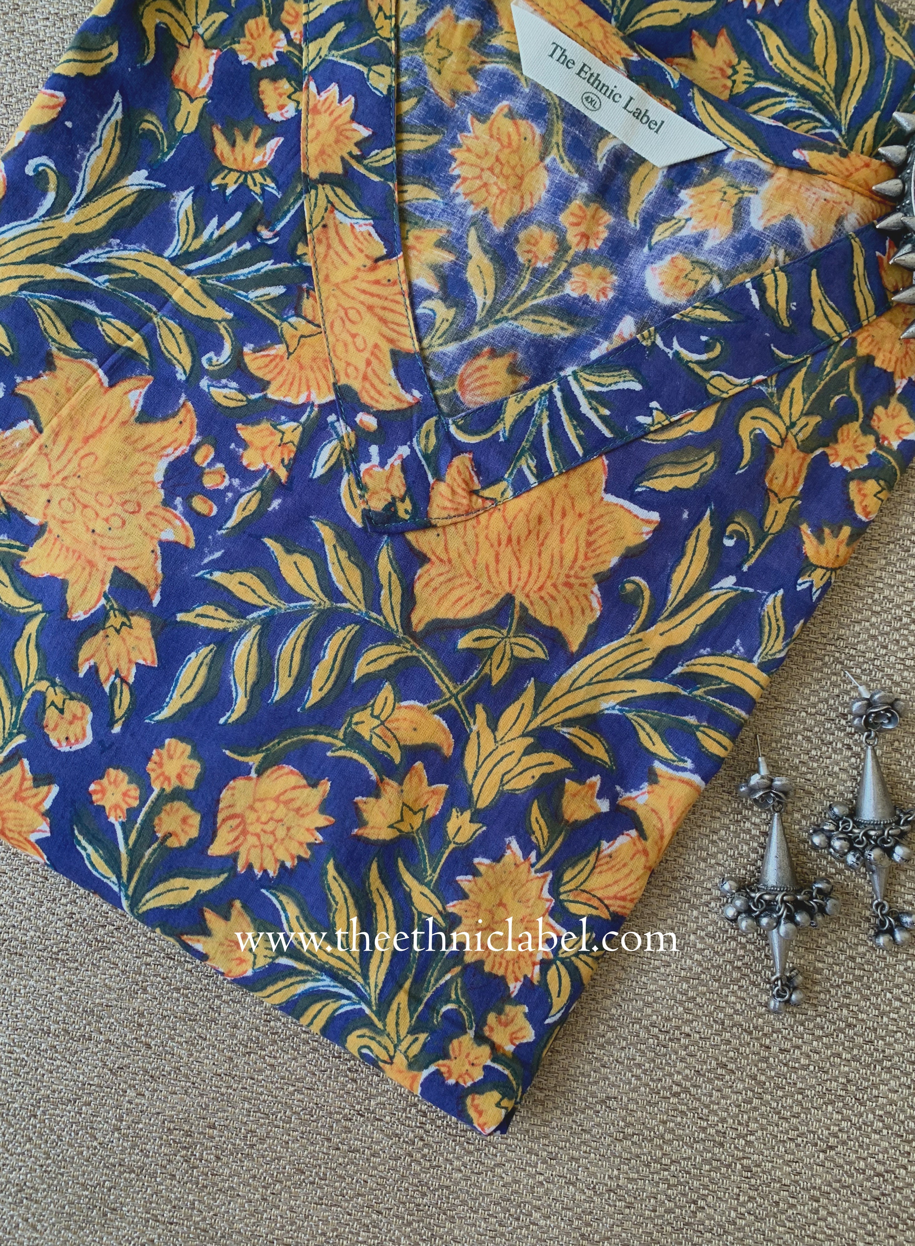 "Seema" Blue Block Printed Cotton kurta - Big Size