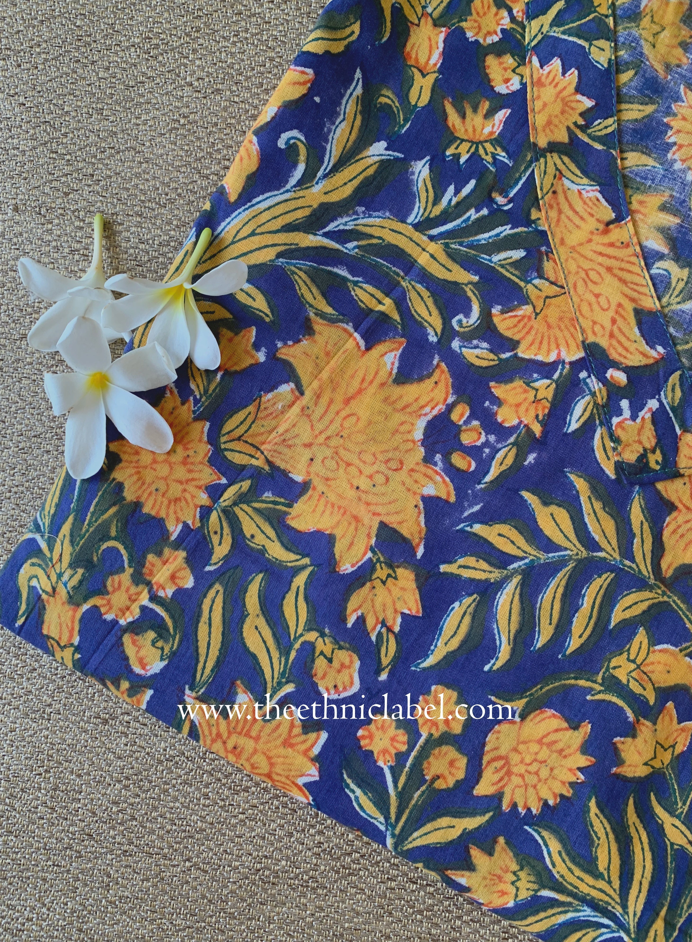 "Seema" Blue Block Printed Cotton kurta - Big Size