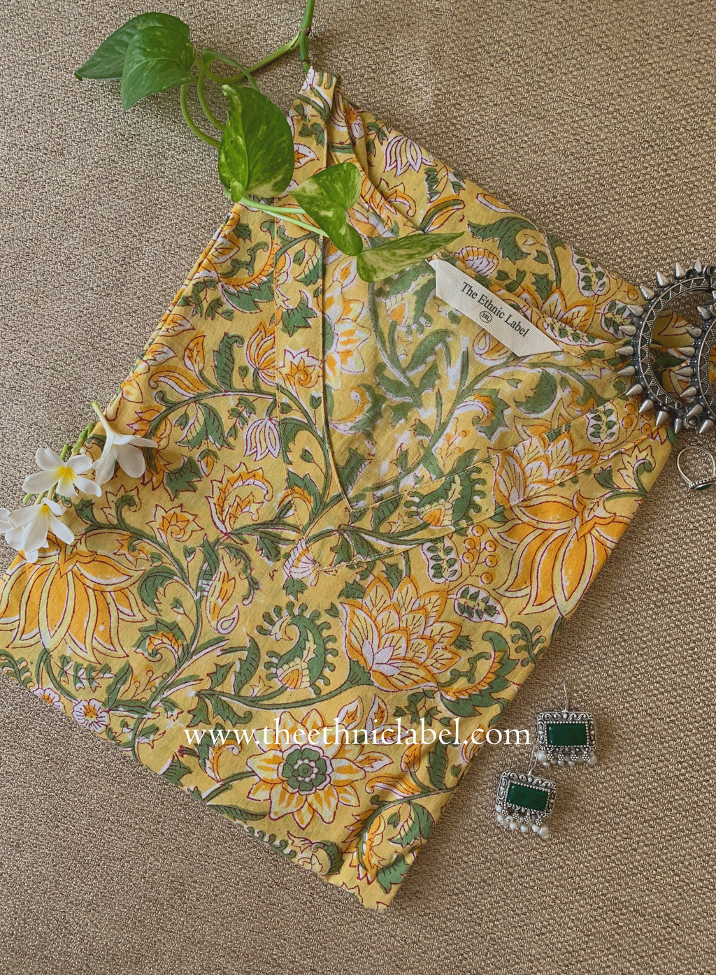 "Chamak" Yellow Block Printed Cotton kurta - Big Size