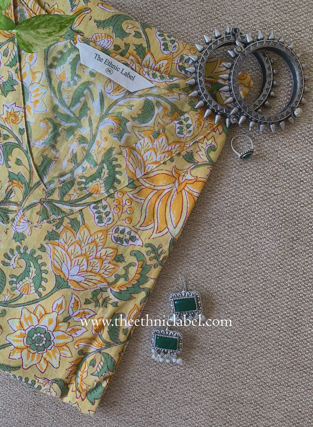"Chamak" Yellow Block Printed Cotton kurta - Big Size