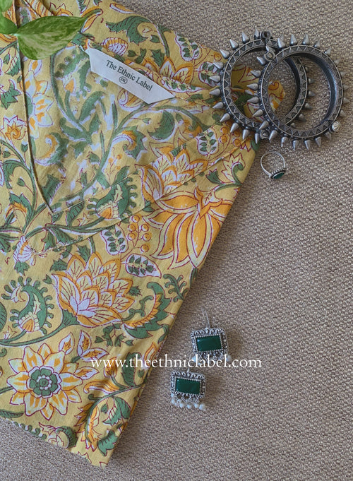"Chamak" Yellow Block Printed Cotton kurta - Big Size