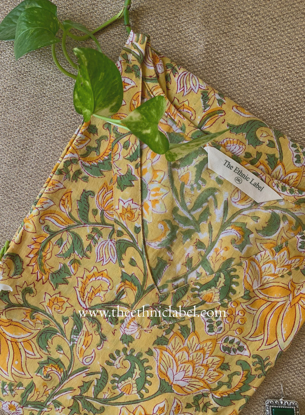 "Chamak" Yellow Block Printed Cotton kurta - Big Size