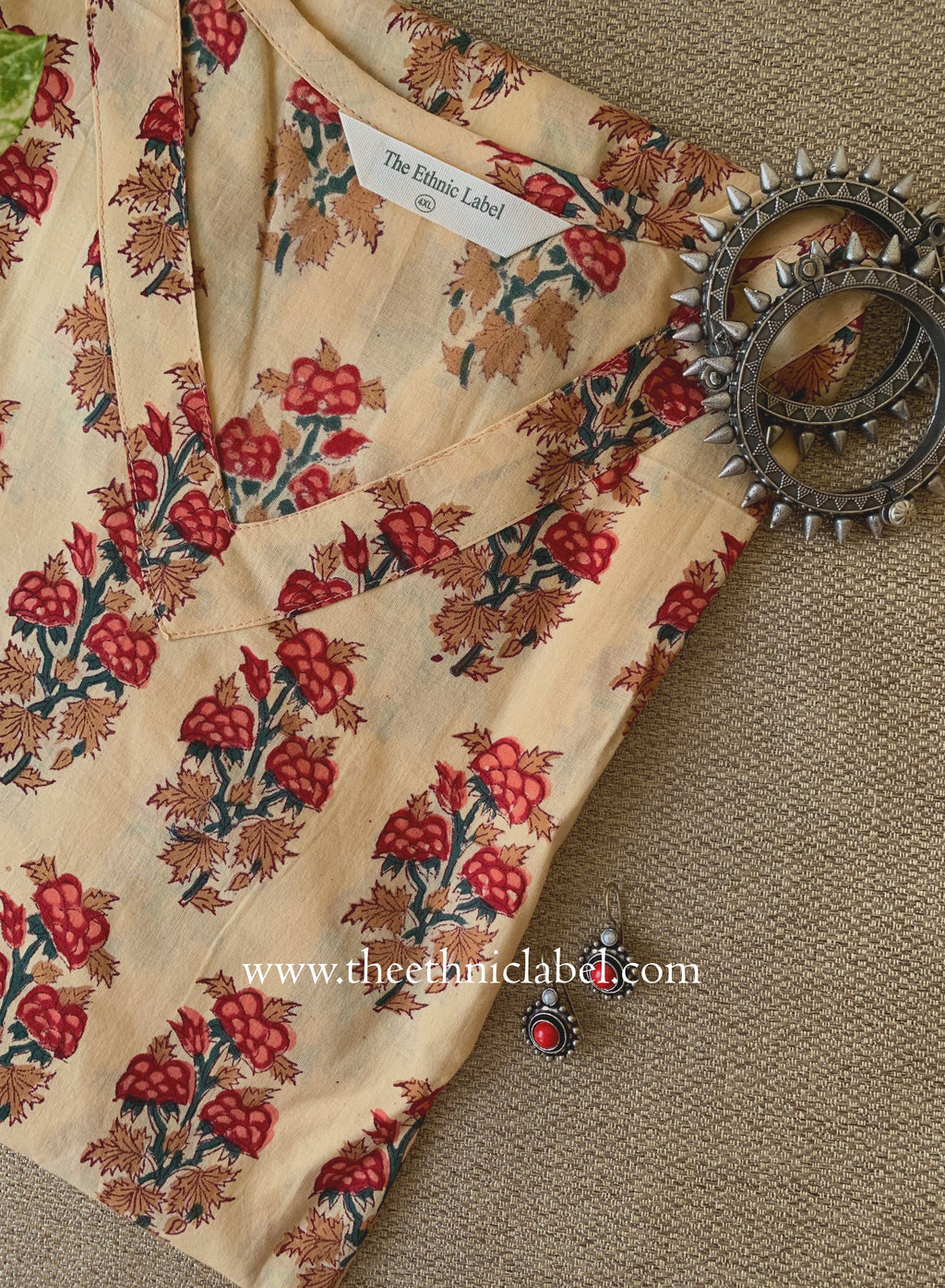 "Alina" Beige Block Printed Cotton kurta - Big Size