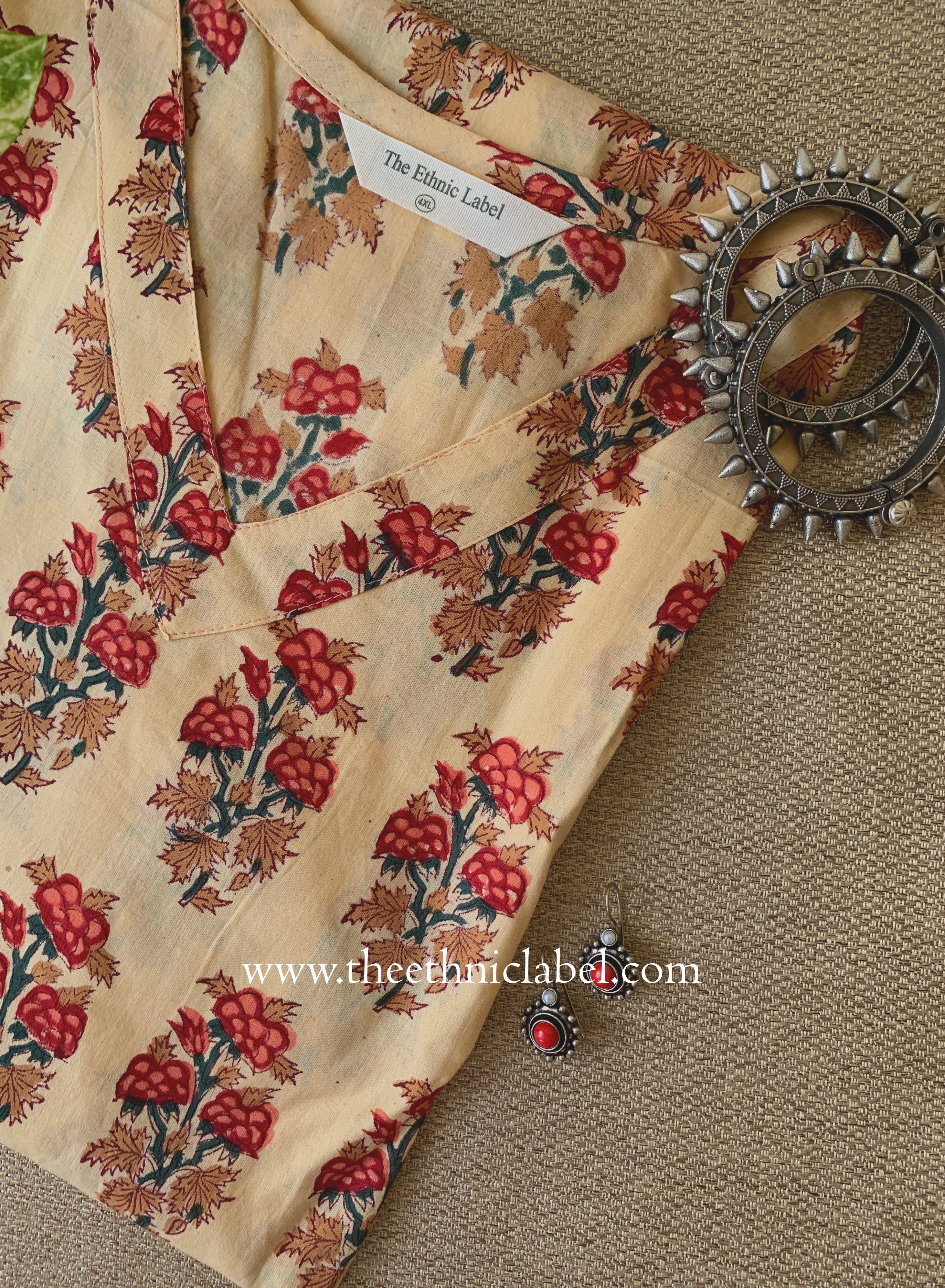 "Alina" Beige Block Printed Cotton kurta - Big Size