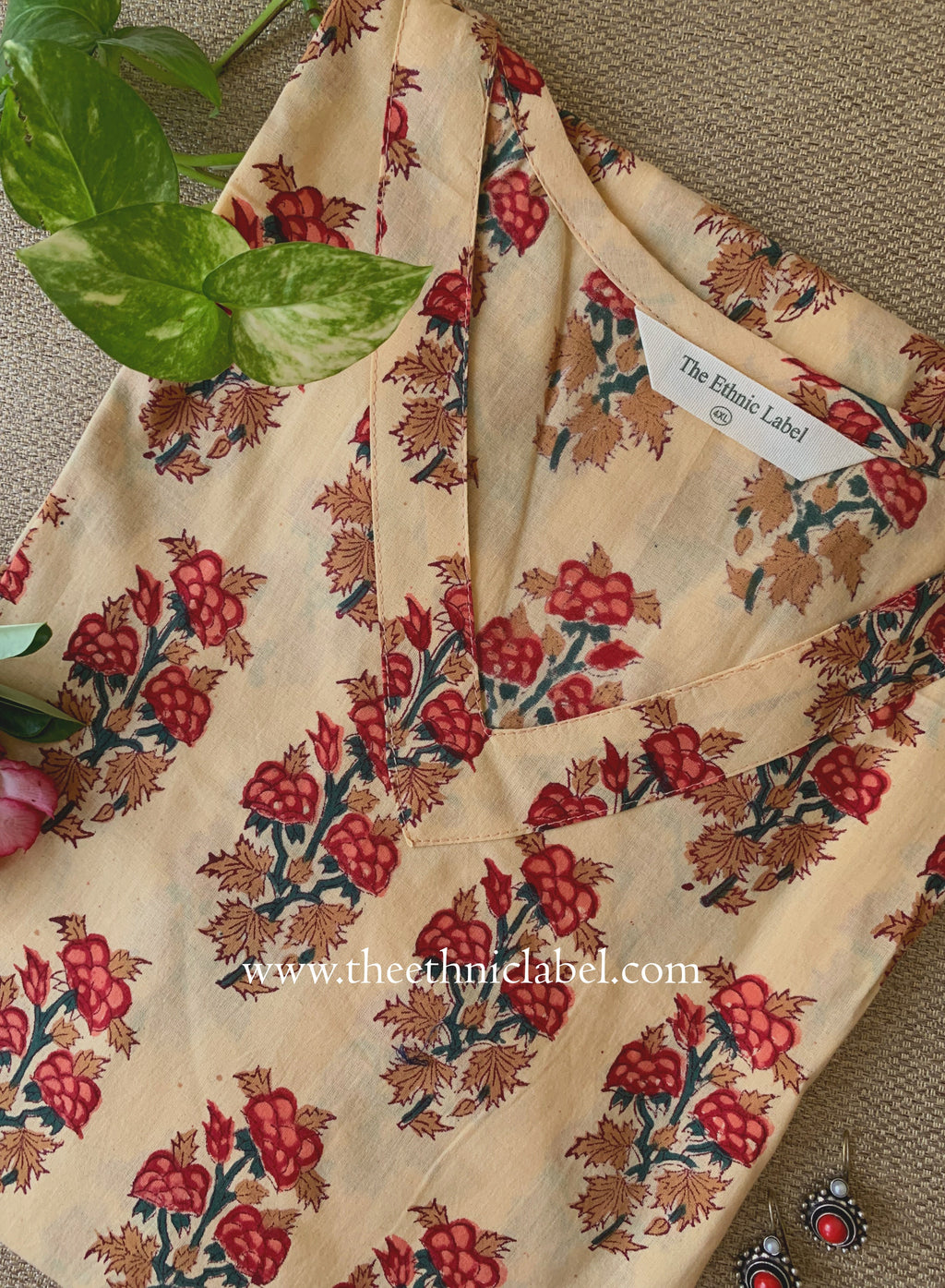 "Alina" Beige Block Printed Cotton kurta - Big Size