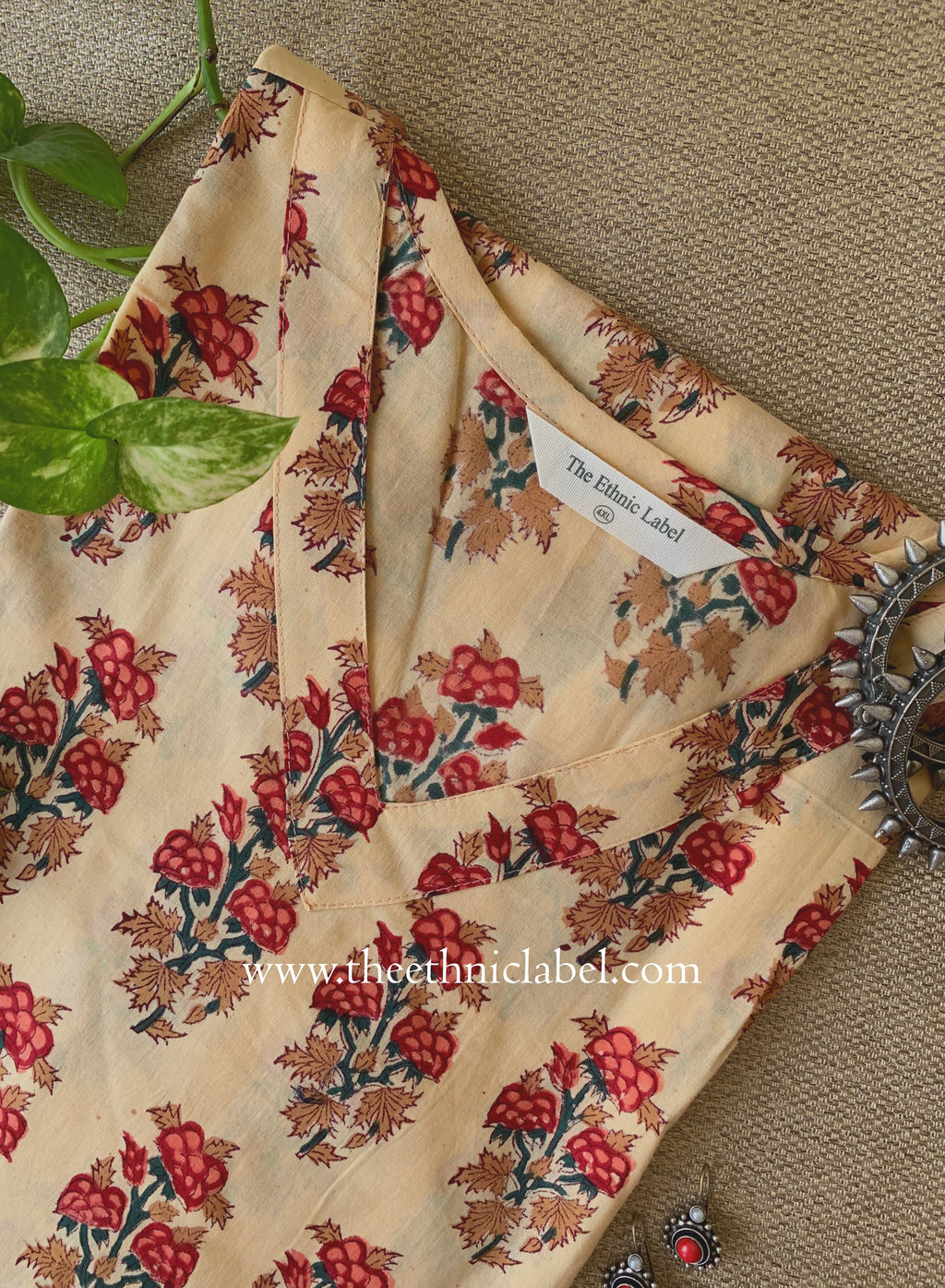 "Alina" Beige Block Printed Cotton kurta - Big Size