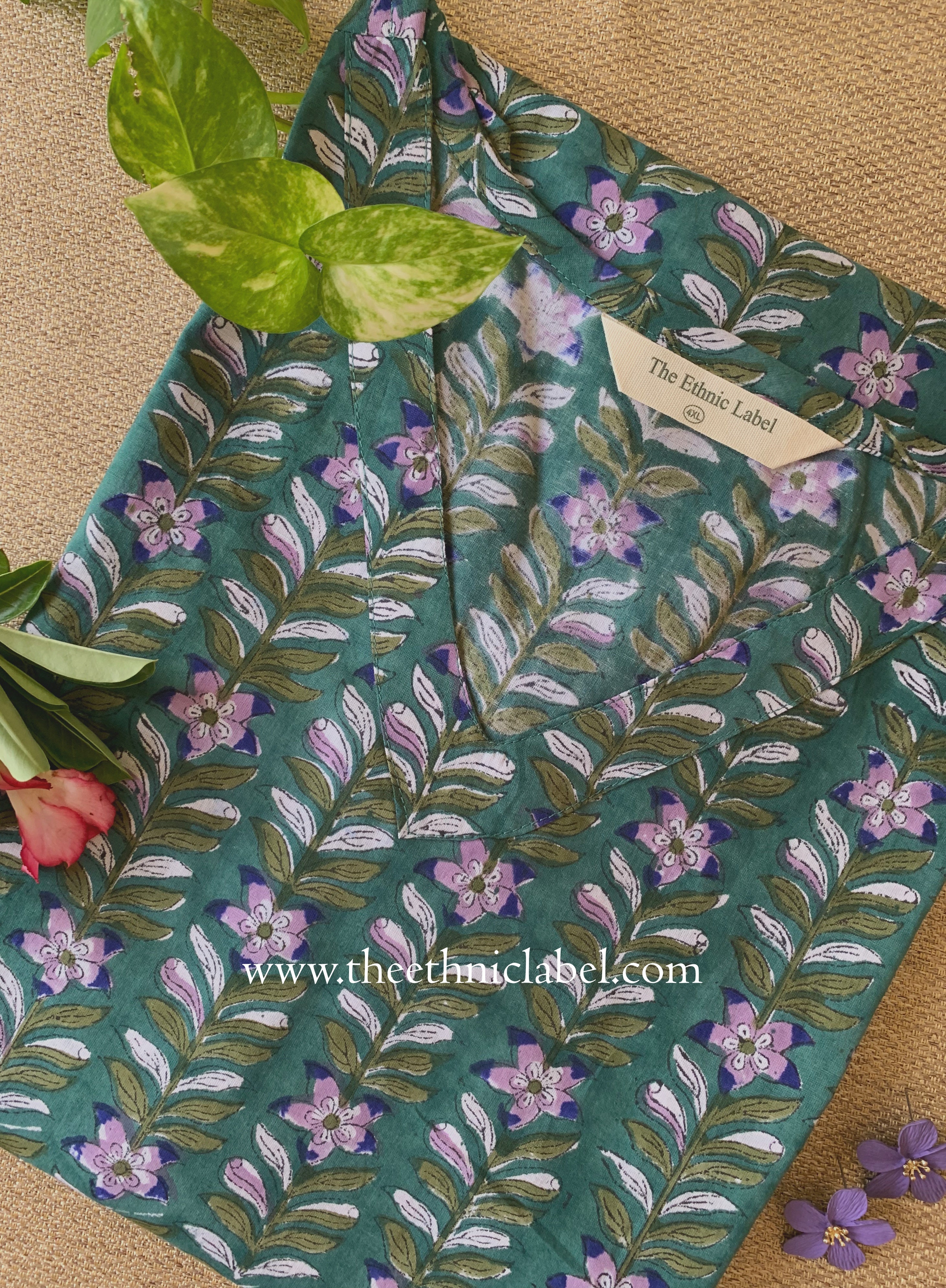"Vatika" Green Block Printed Cotton kurta - Big Size