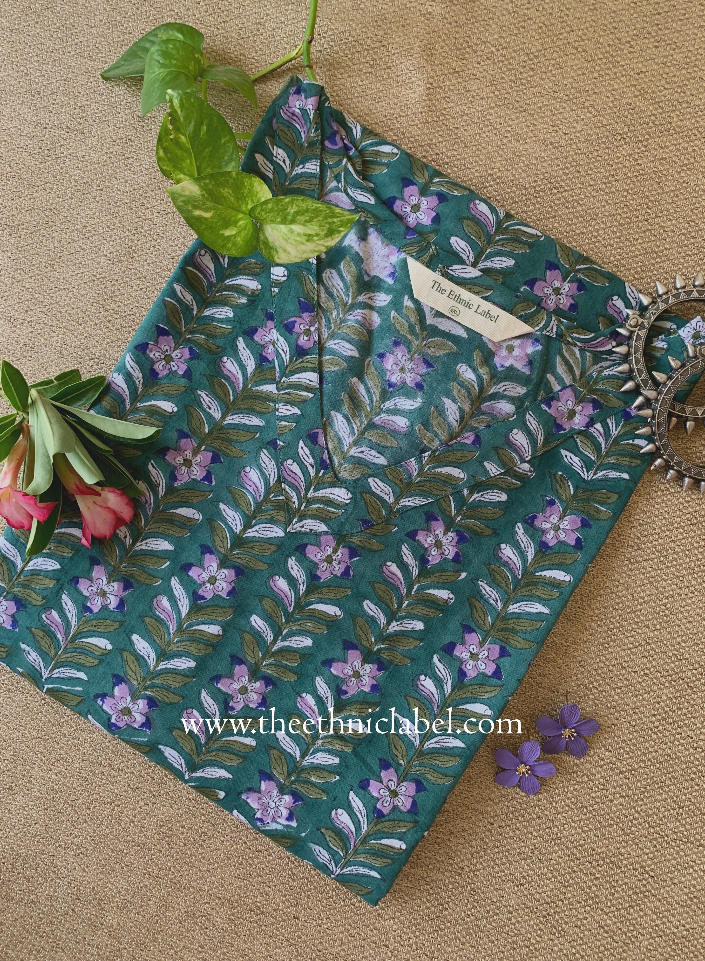 "Vatika" Green Block Printed Cotton kurta - Big Size