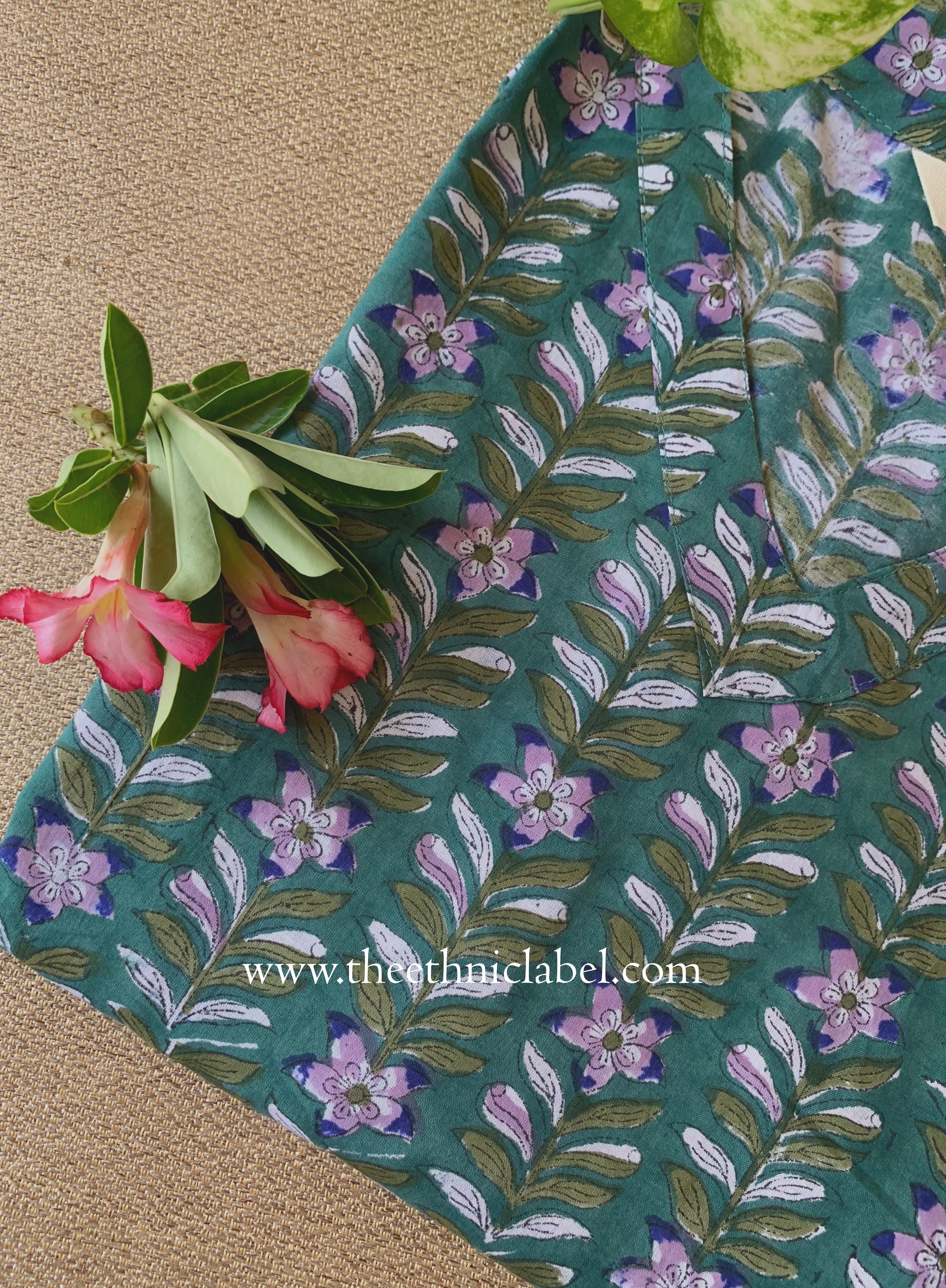 "Vatika" Green Block Printed Cotton kurta - Big Size