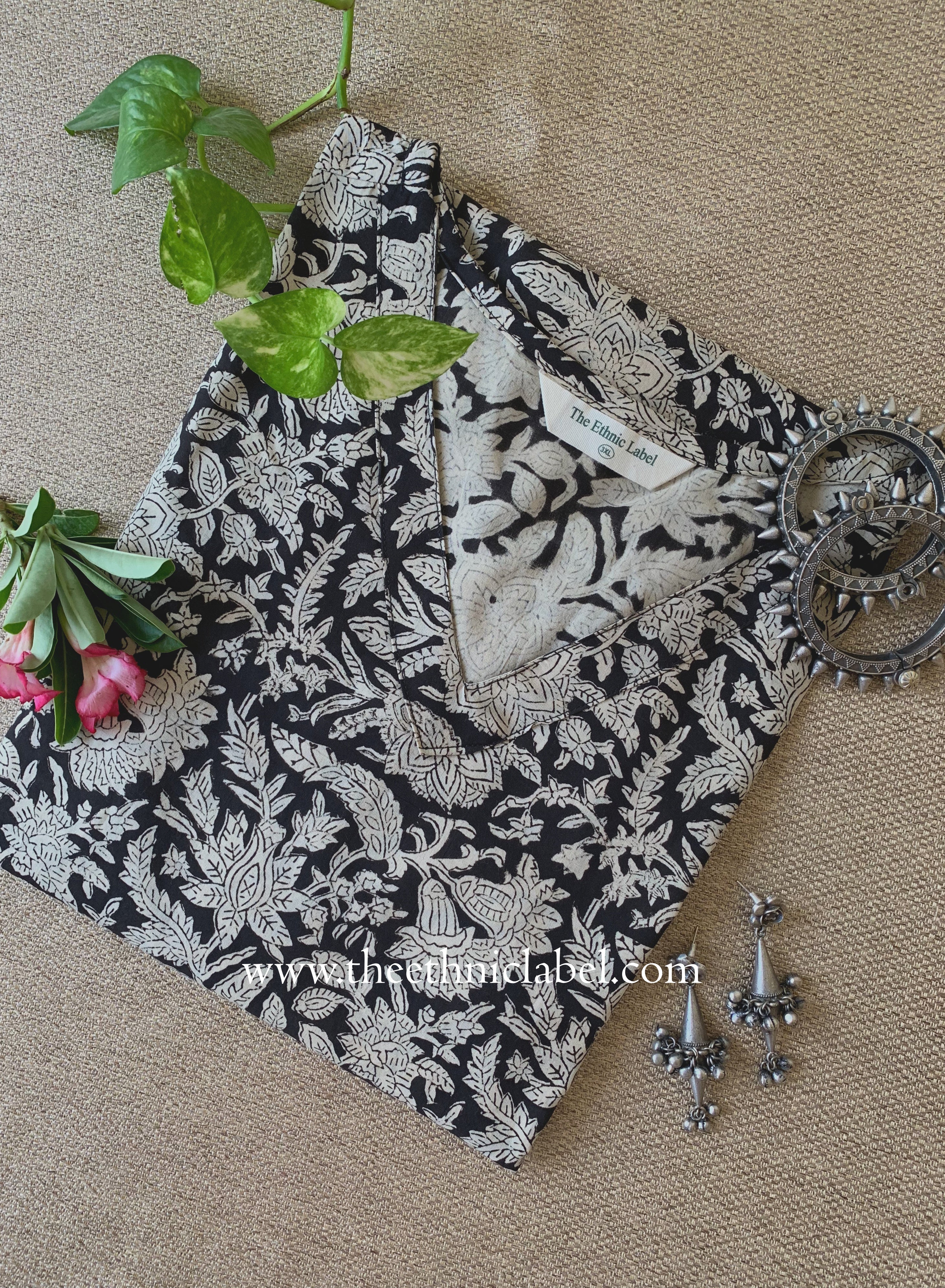 "Mehka" Black Block Printed Cotton kurta - Big Size