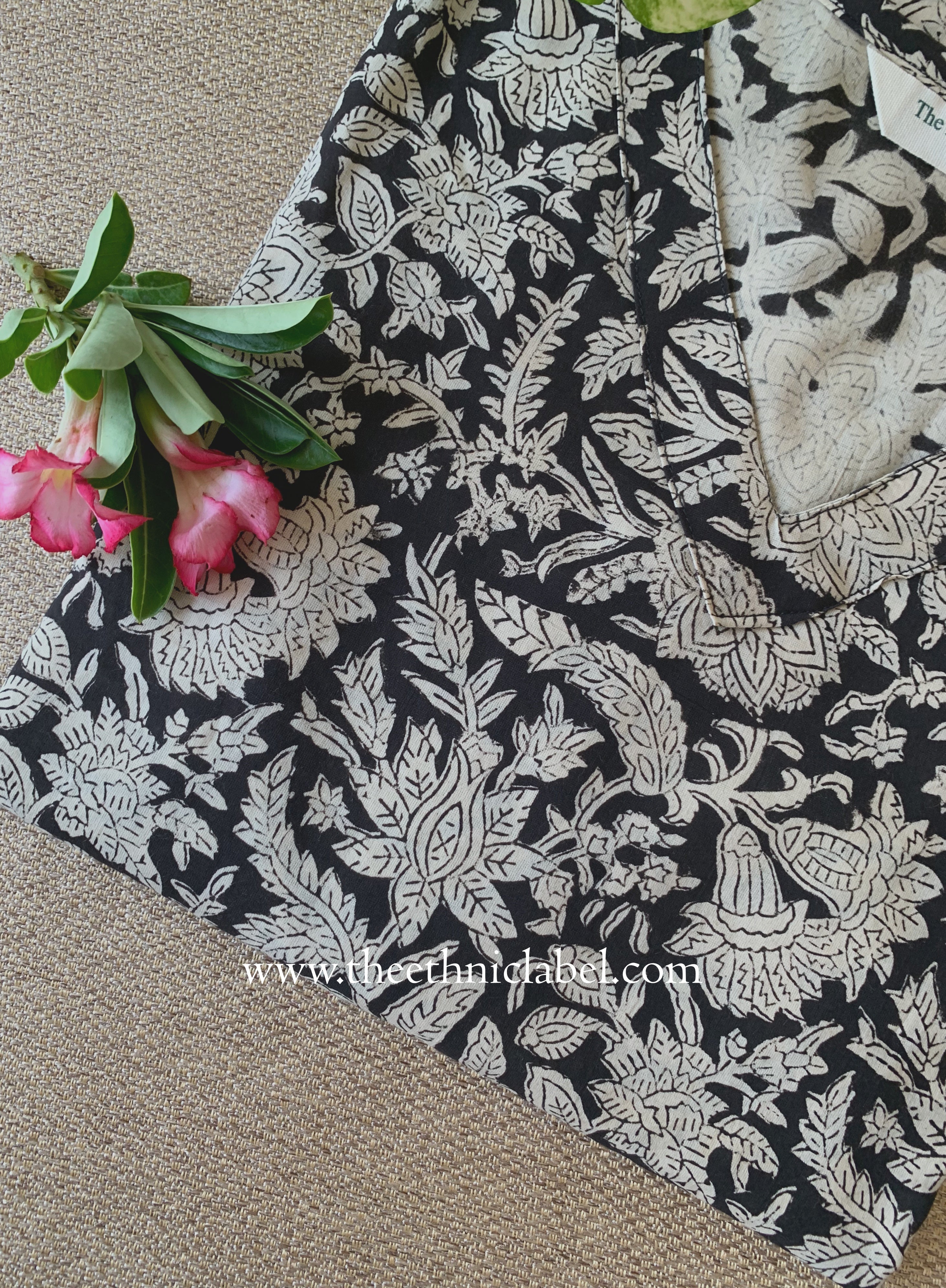 "Mehka" Black Block Printed Cotton kurta - Big Size