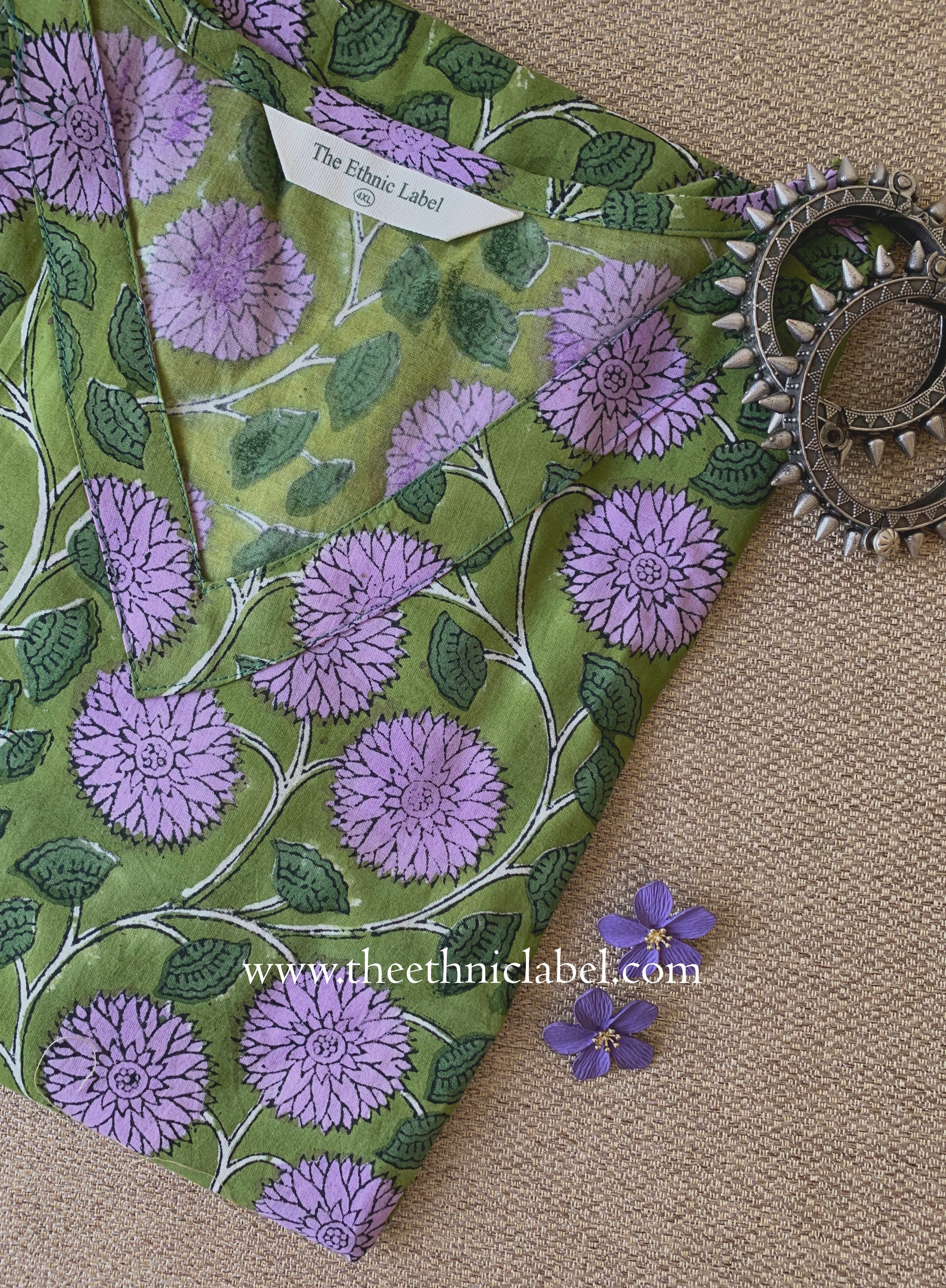 "Panna" Green Block Printed Cotton kurta - Big Size