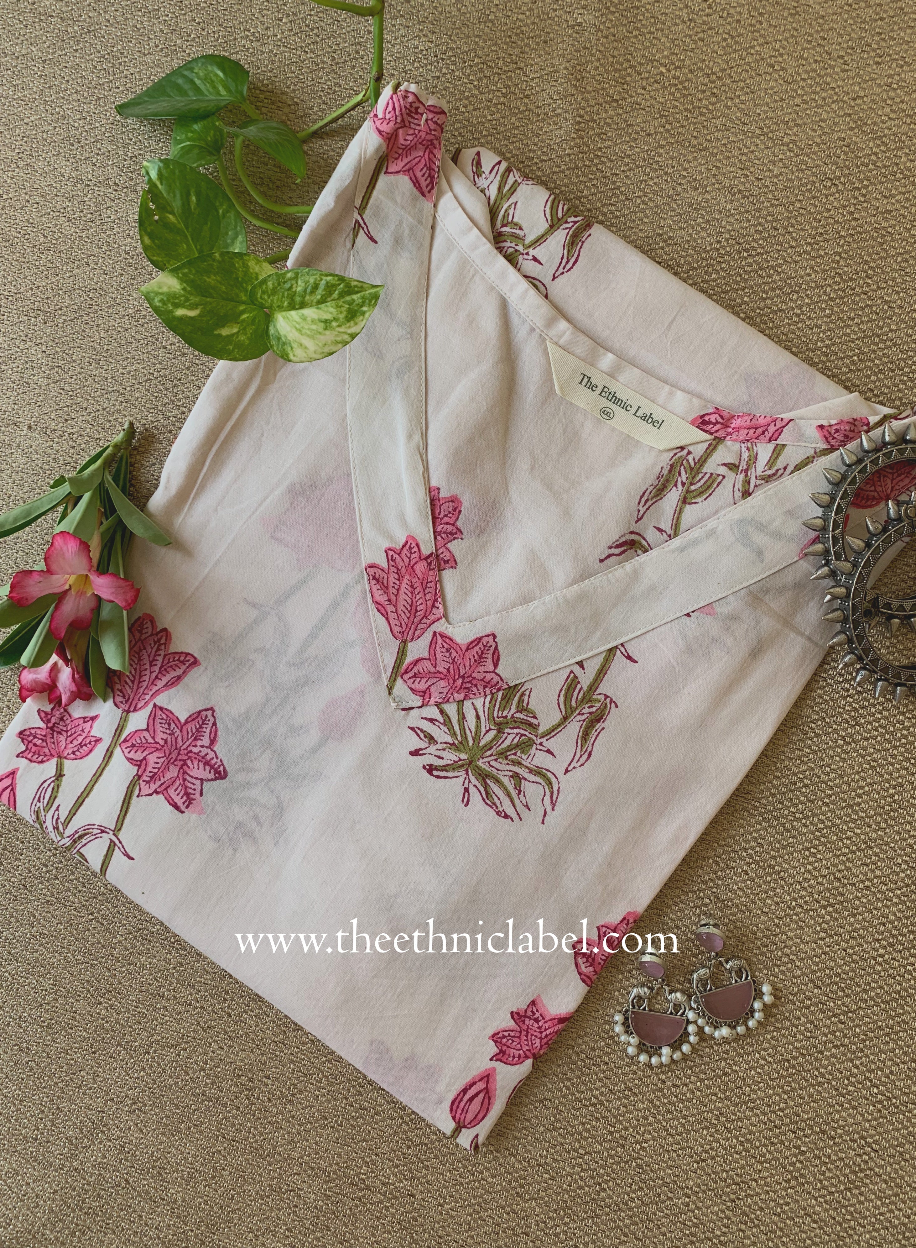 "Suhana" White Block Printed Cotton kurta - Big Size