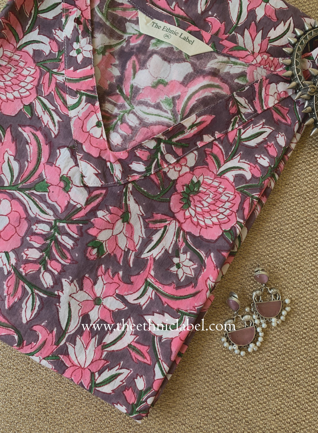 "Husn" Mauve Block Printed Cotton kurta - Big Size