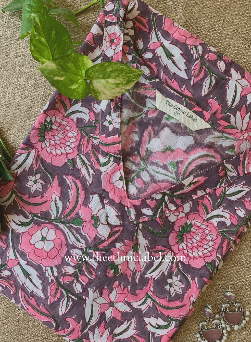 "Phool" Grey Block Printed Cotton kurta - Big Size