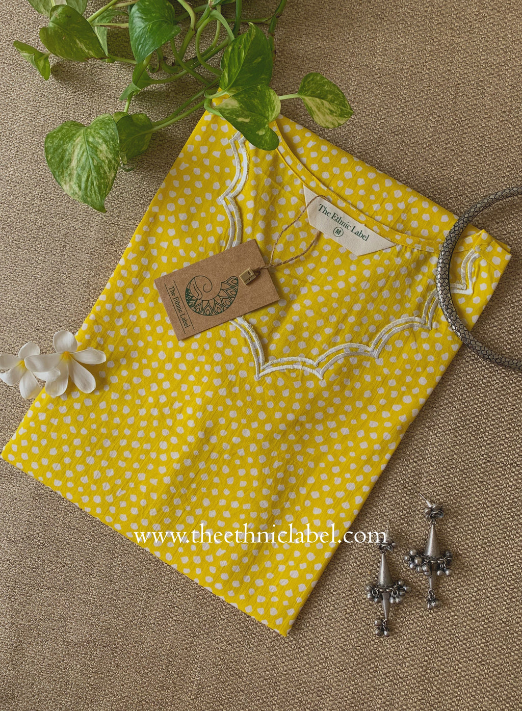 "Saransh" Scalloped Printed Yellow Cotton kurta