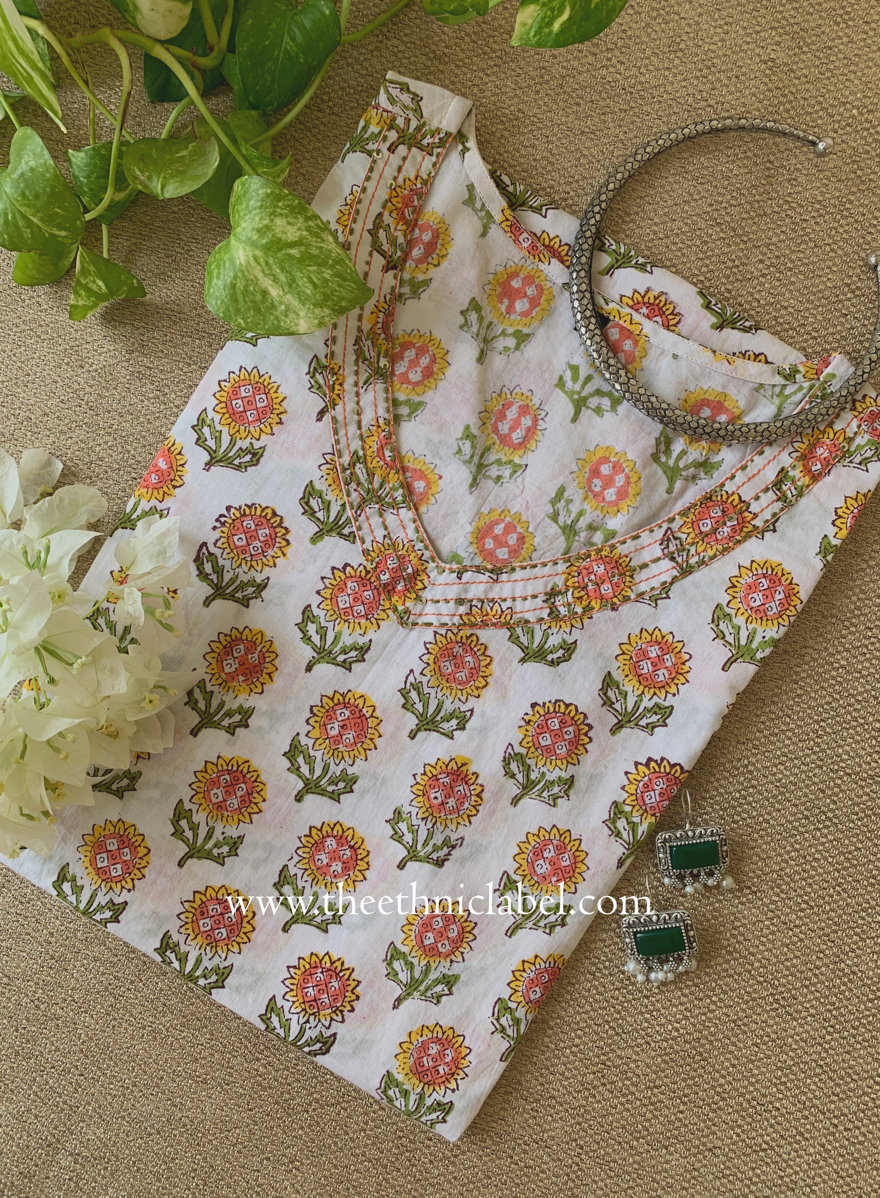 "Rajni" Hand Block Printed White Cotton Kurta
