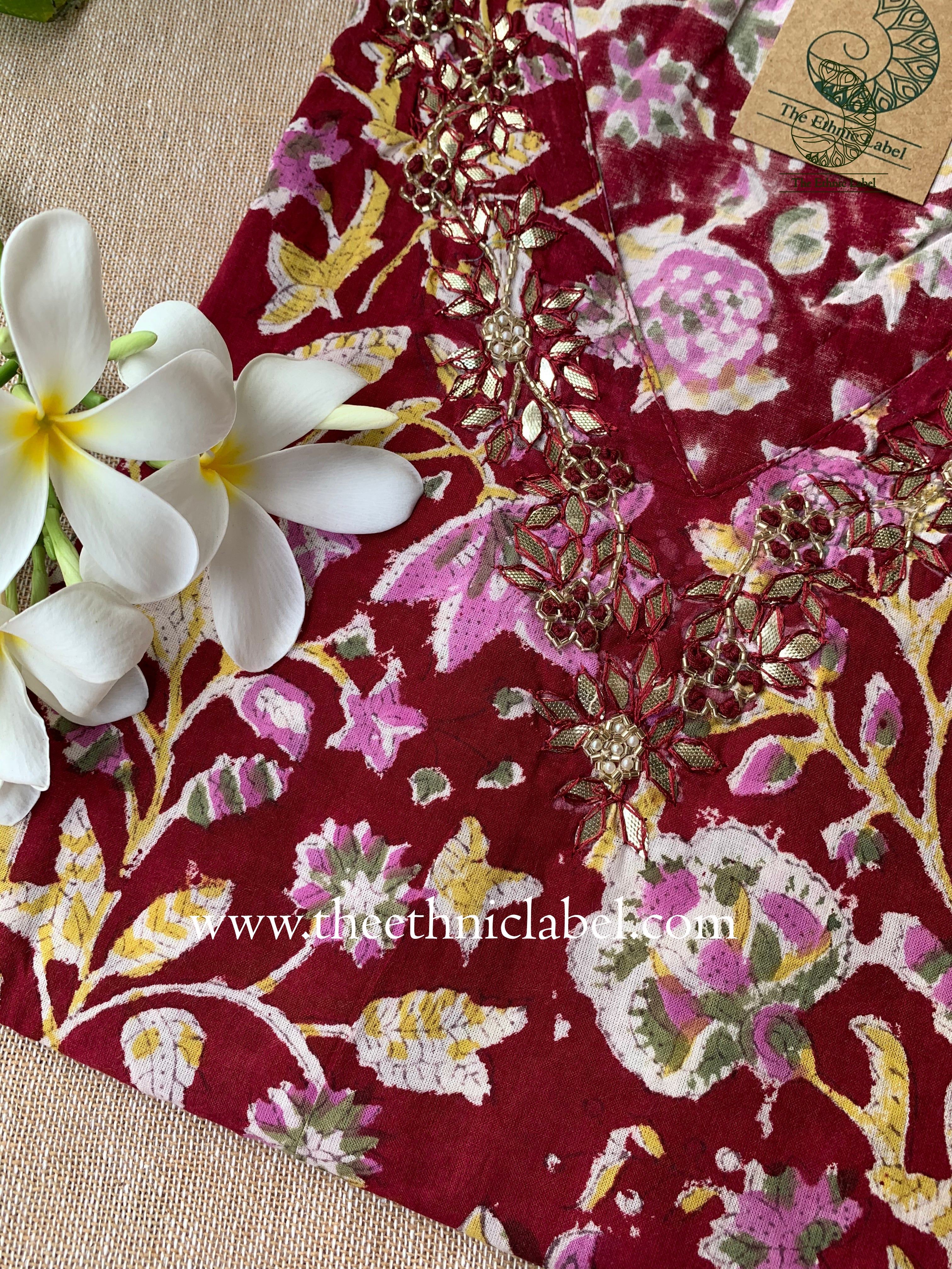 "Aarohi" Hand Embroidered Block Printed Cotton kurta