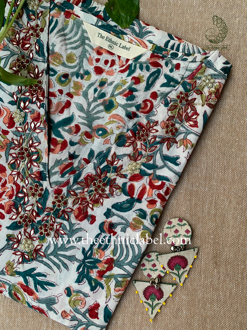 "Mona" Hand Embroidered Block Printed Cotton kurta S, M