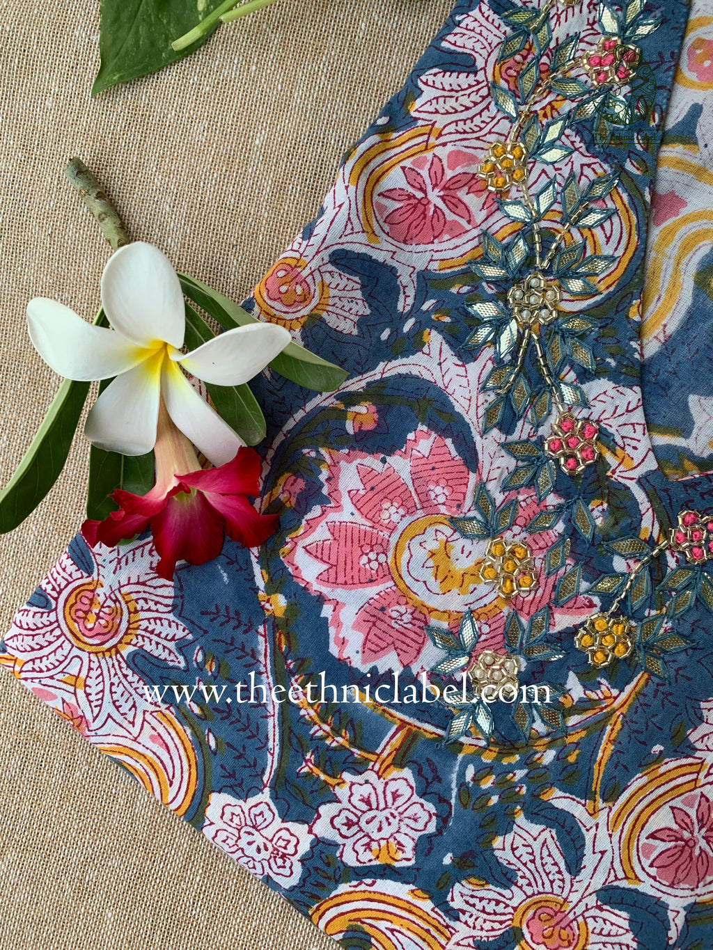 "Lisa" Hand Embroidered Block Printed Cotton kurta