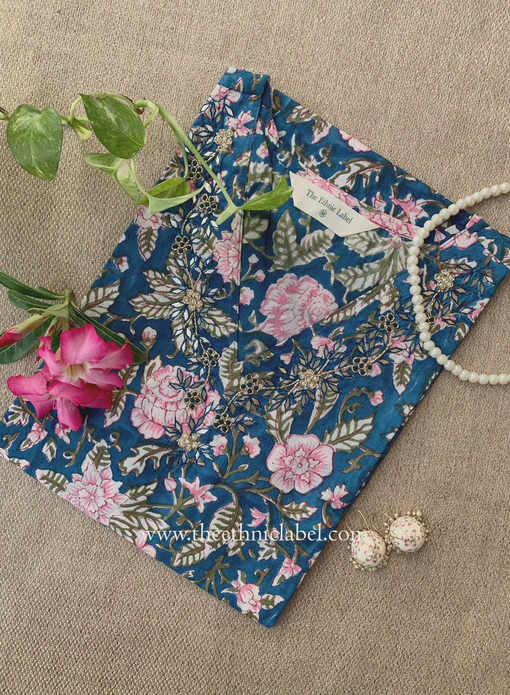 Tarz Hand Embroidered Block Printed Blue Cotton kurta