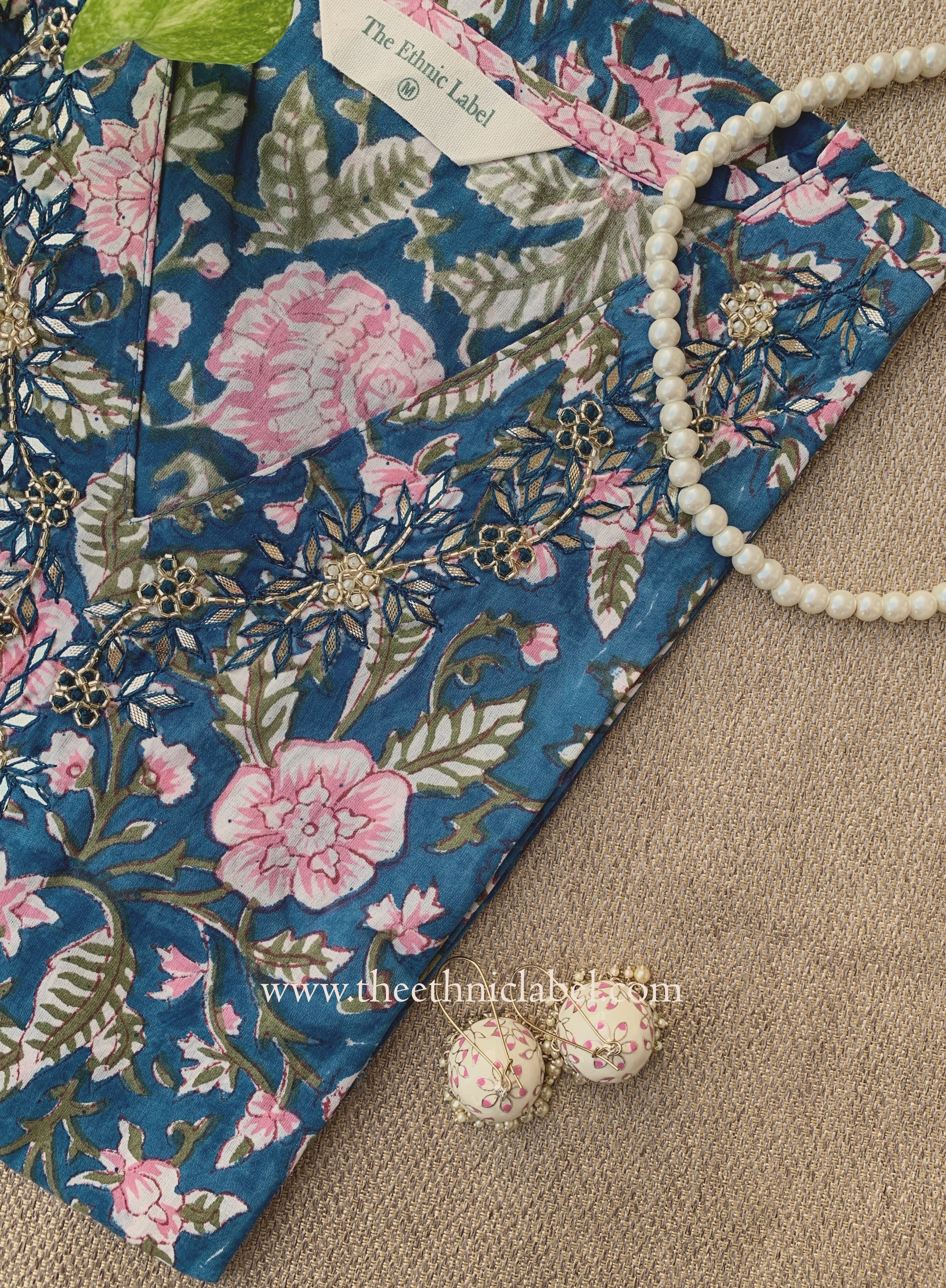 Tarz Hand Embroidered Block Printed Blue Cotton kurta