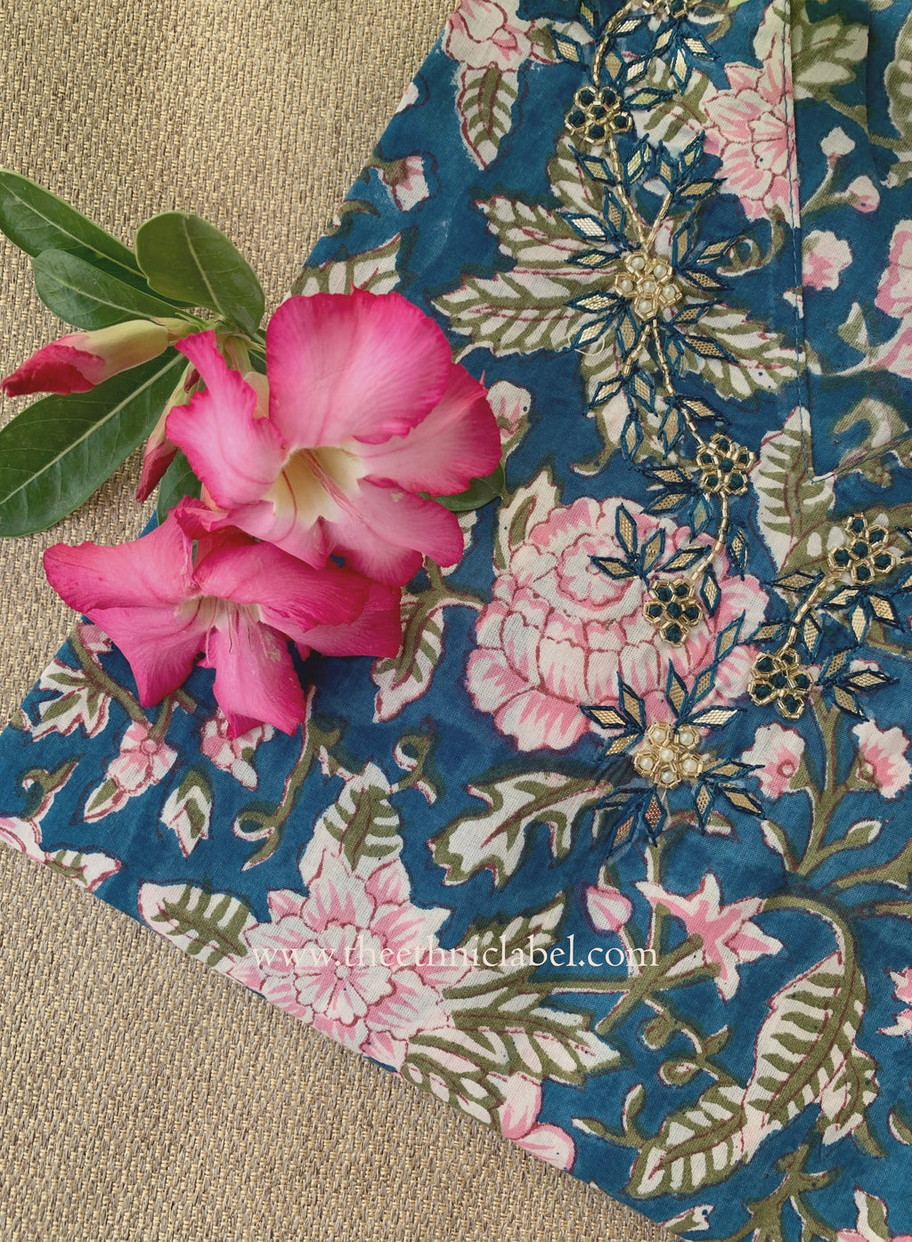 Tarz Hand Embroidered Block Printed Blue Cotton kurta