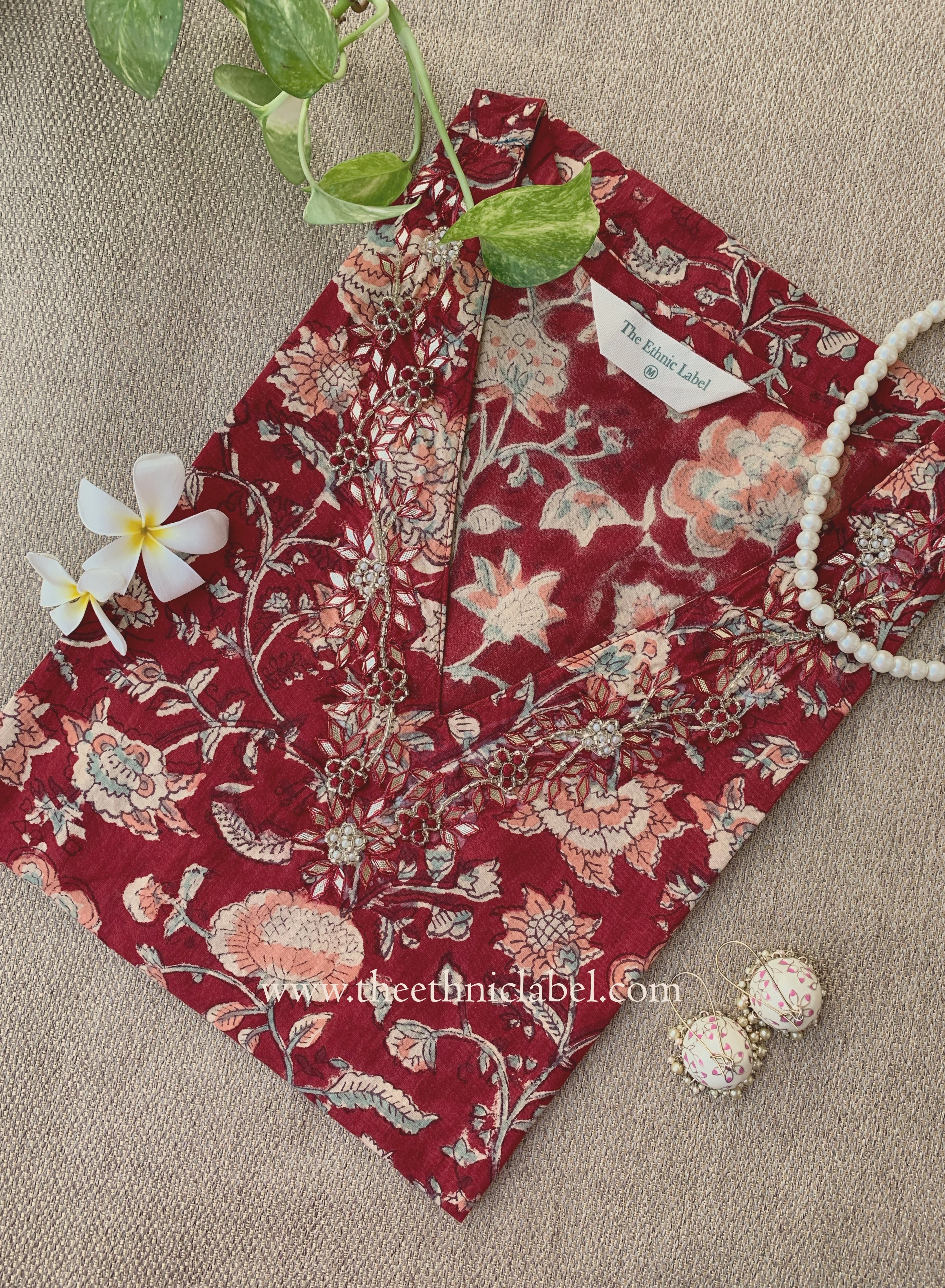 Naqsh Hand Embroidered Block Printed Red Cotton kurta