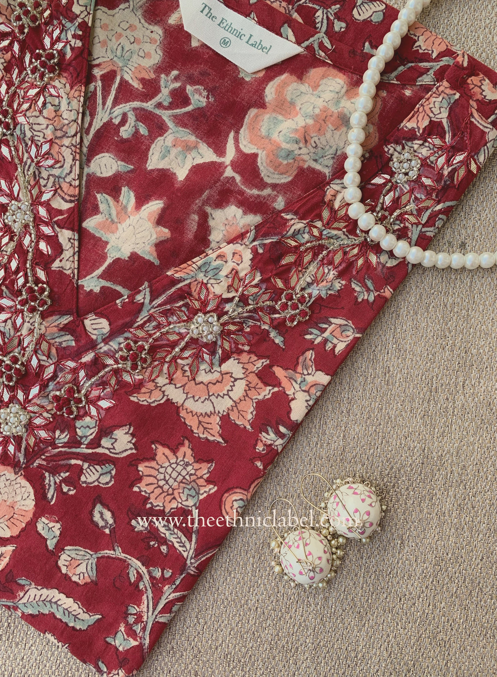 Naqsh Hand Embroidered Block Printed Red Cotton kurta