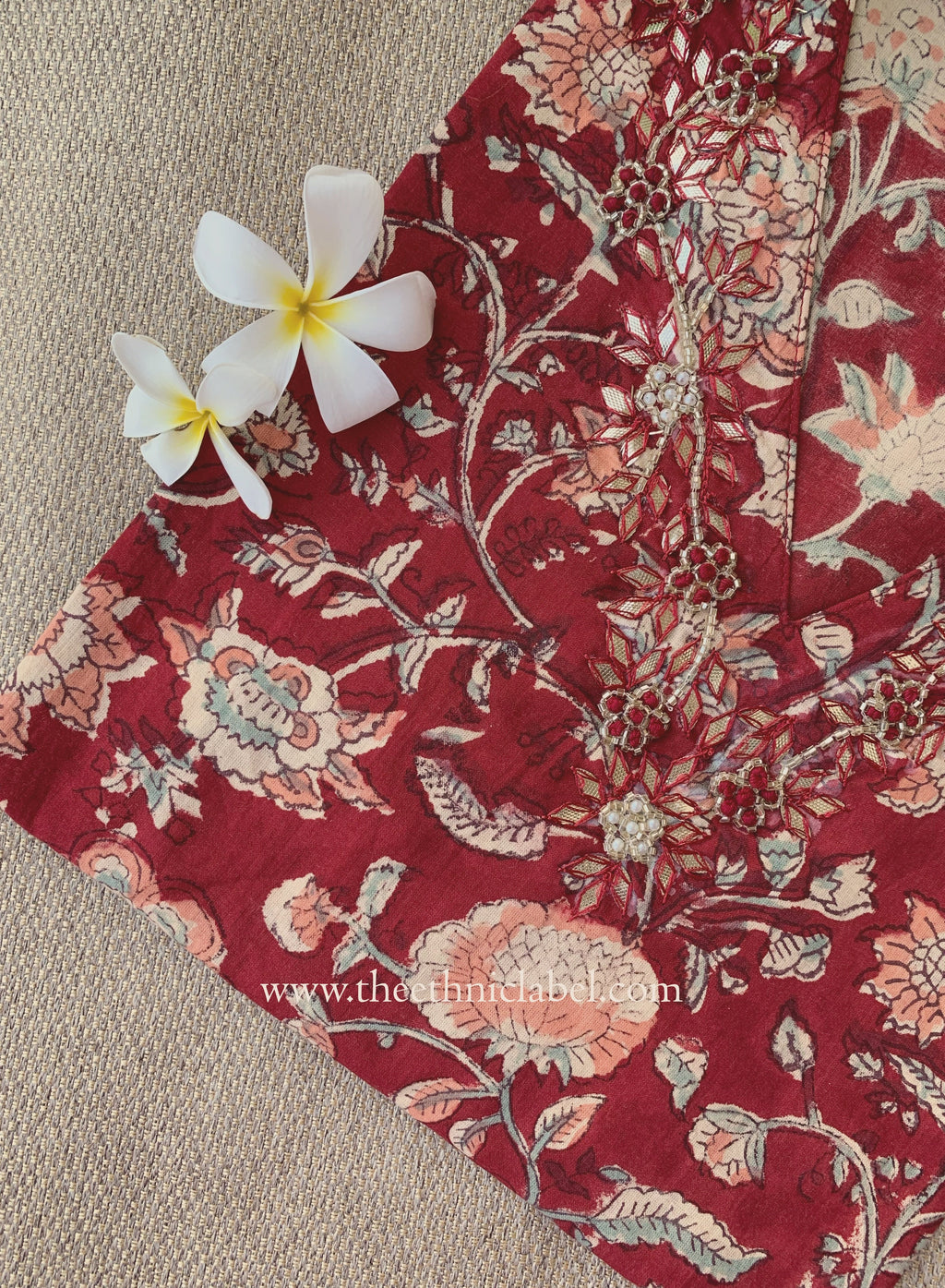 Naqsh Hand Embroidered Block Printed Red Cotton kurta